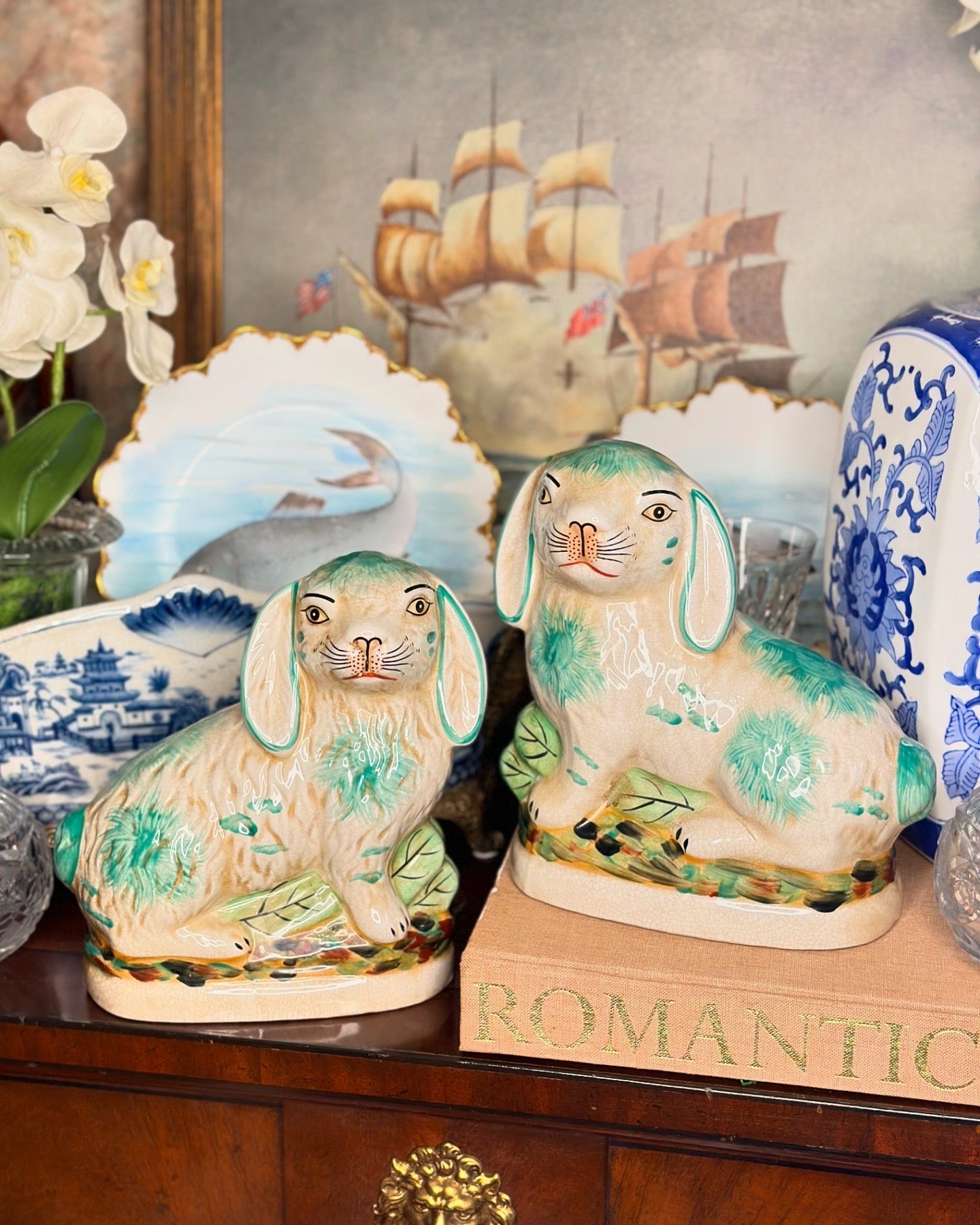Danny's Fine Porcelain: Ceramic Bunny/Rabbit Figure Pair, Green & White, 8x4x7" - Pristine!