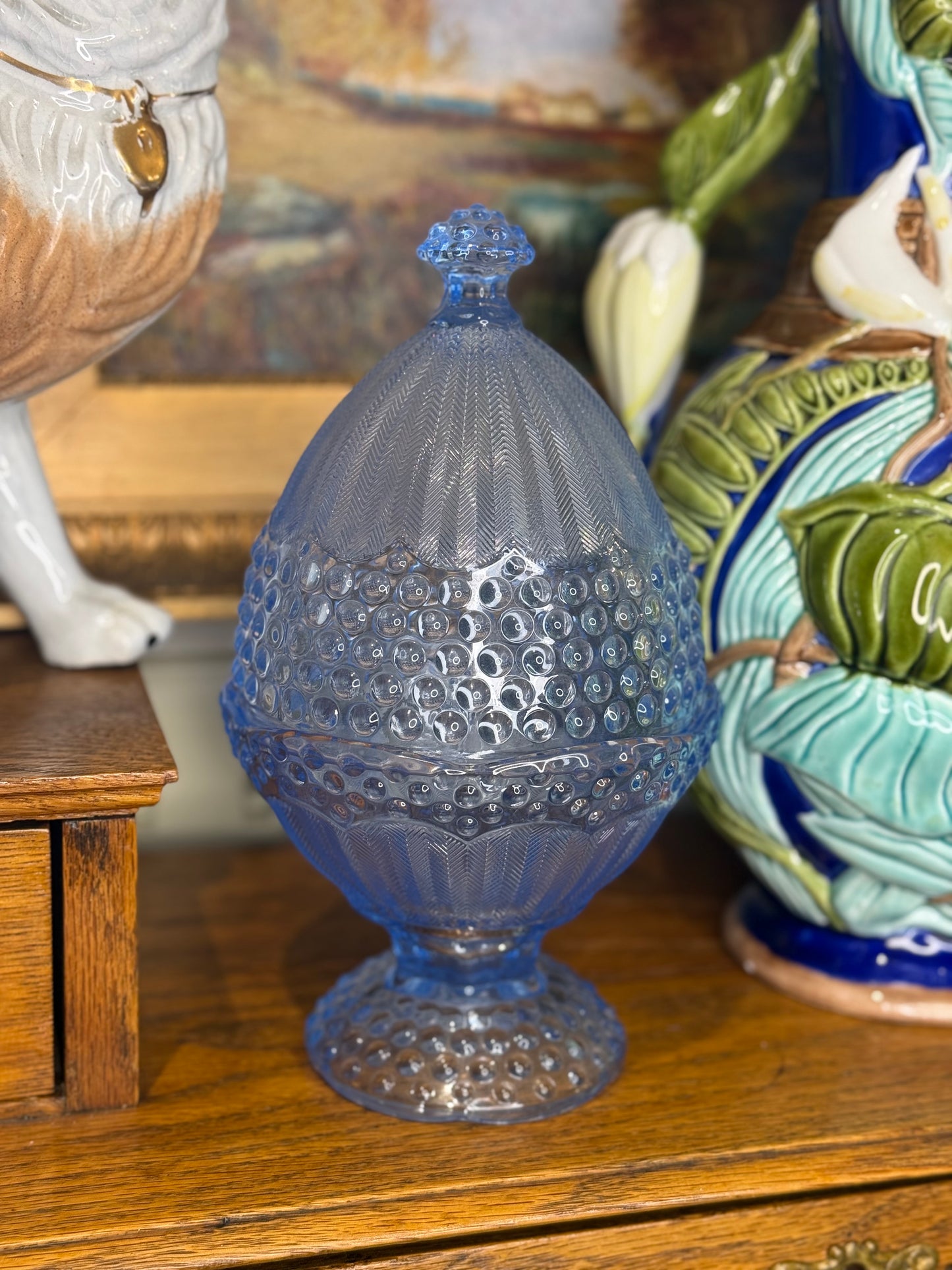 Gorham Crystal “Emily’s Attic Blue” Pressed Glass Covered Compote Egg Shape Candy Dish & Lid #K001