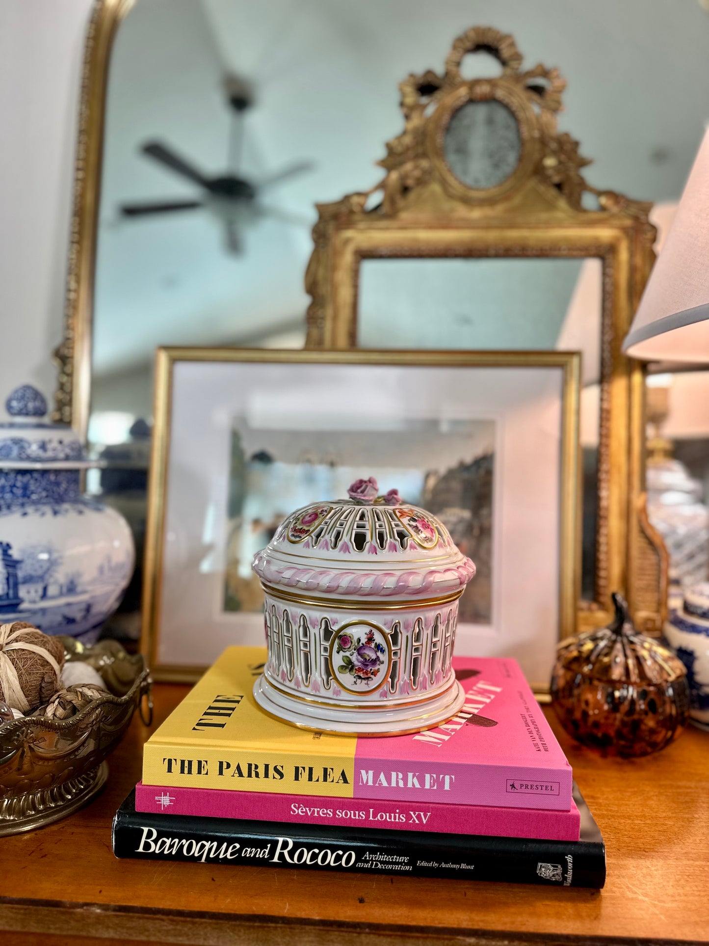 Vintage Herend Saxonian Bouquet Reticulated Biscuit Barrel, Made in Hungary, 7.5"