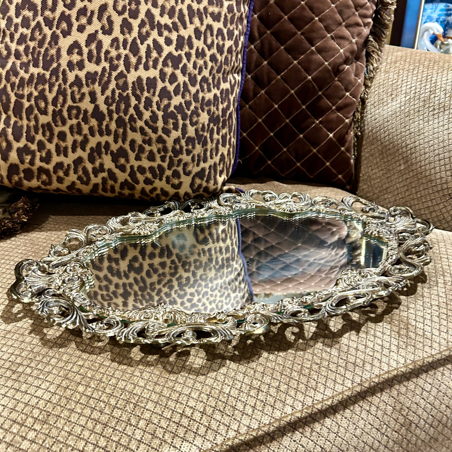 Gorgeous brass ormolu floral reticulated brass mirrored vanity tray 19 in