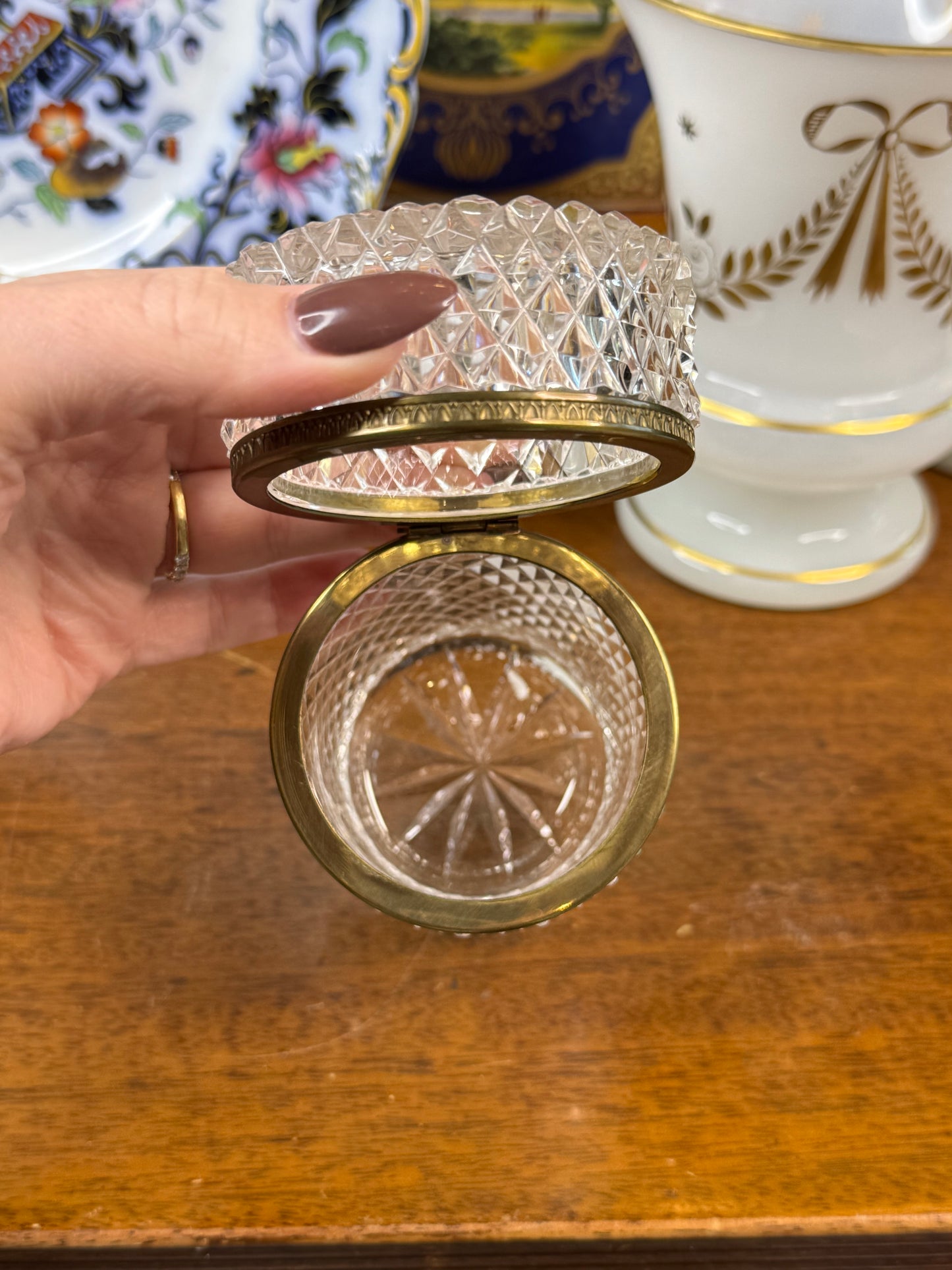 Antique French Cut Crystal Hinged Jewelry Box with Ormolu Bronze Mounts | 4.5”