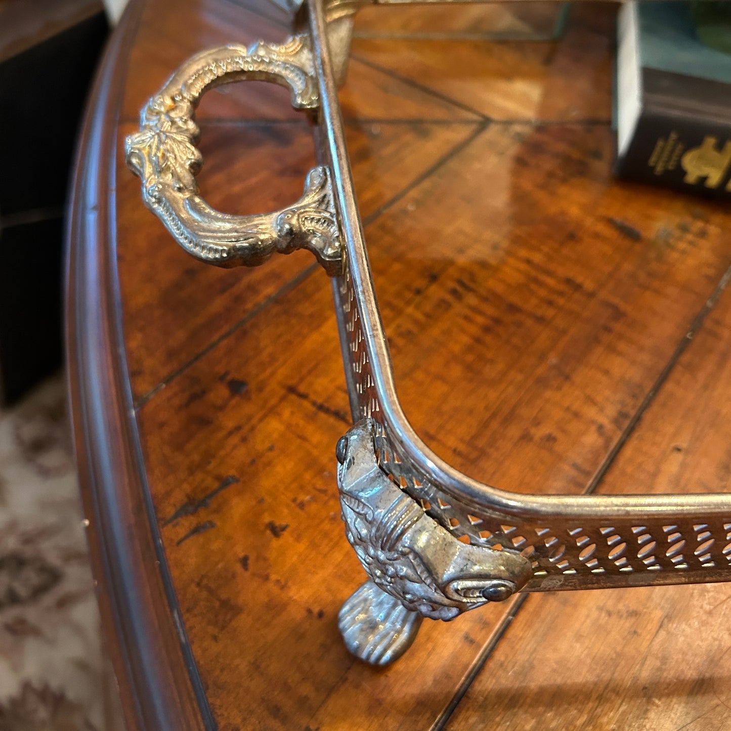 vintage silver plate Lidded casserole chafing dish holder tripod chippendale claw feet 18 x 10