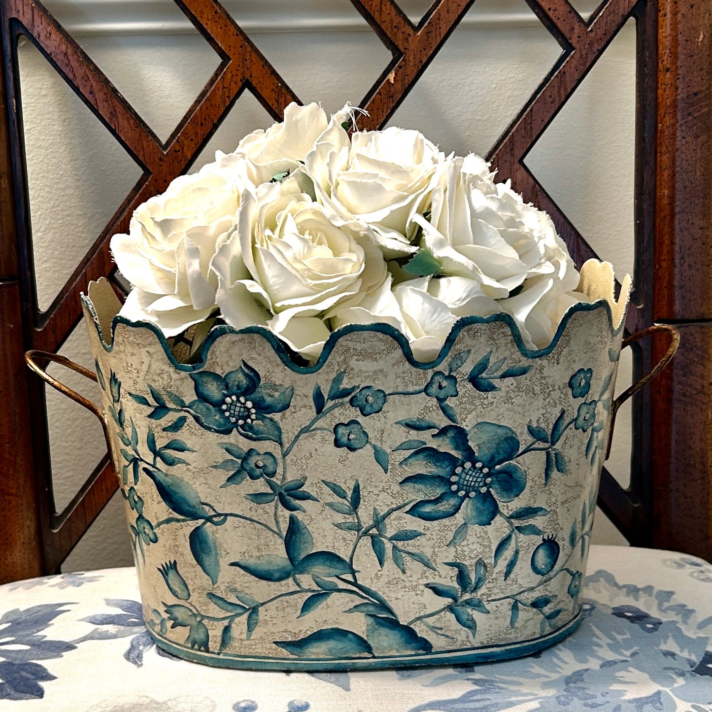 delightful tole metal blue & white footed centerpiece planter 13 x 7