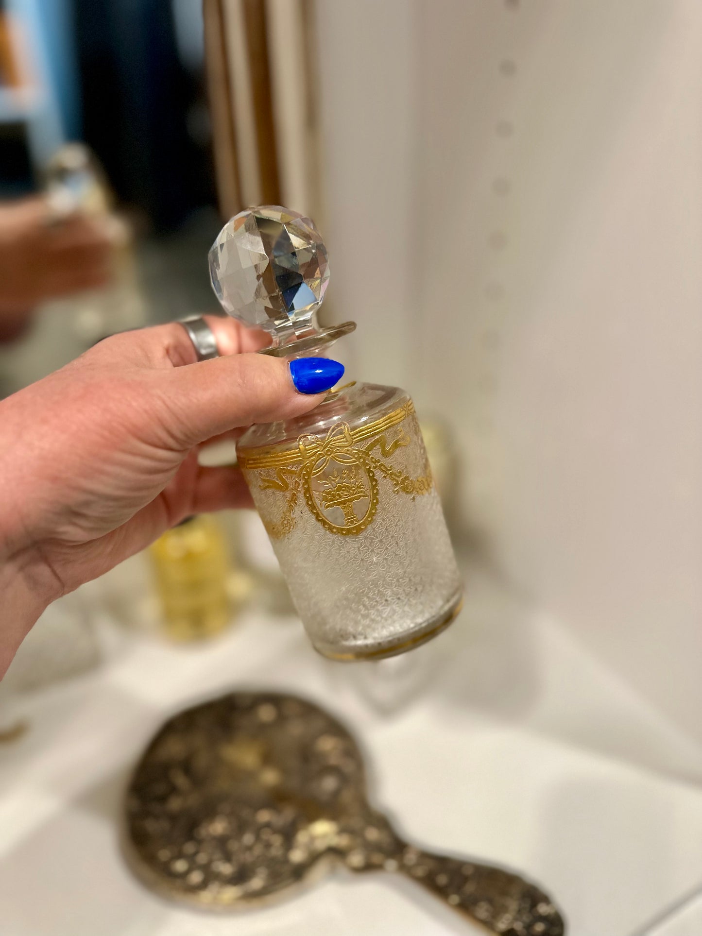 Antique St Louis Crystal French Perfume Bottle with Original Gilt Stopper