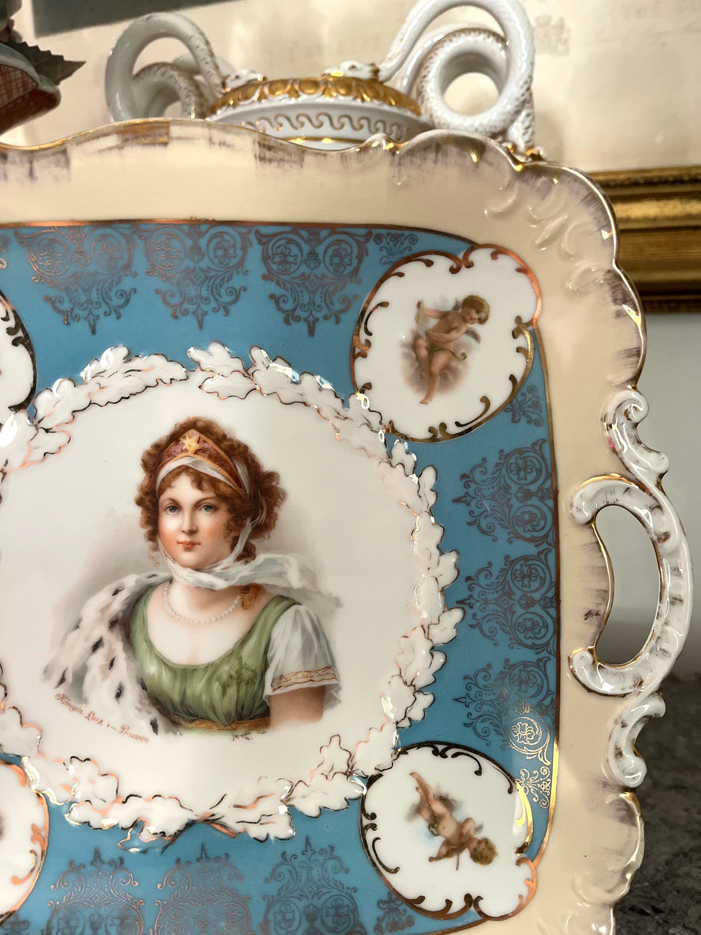 Live 06/29 Antique German Portrait Tray — Queen Louise of Prussia, Celeste Blue & Gilt, Royal Vienna Style c. 1900 - Cherub Reserves