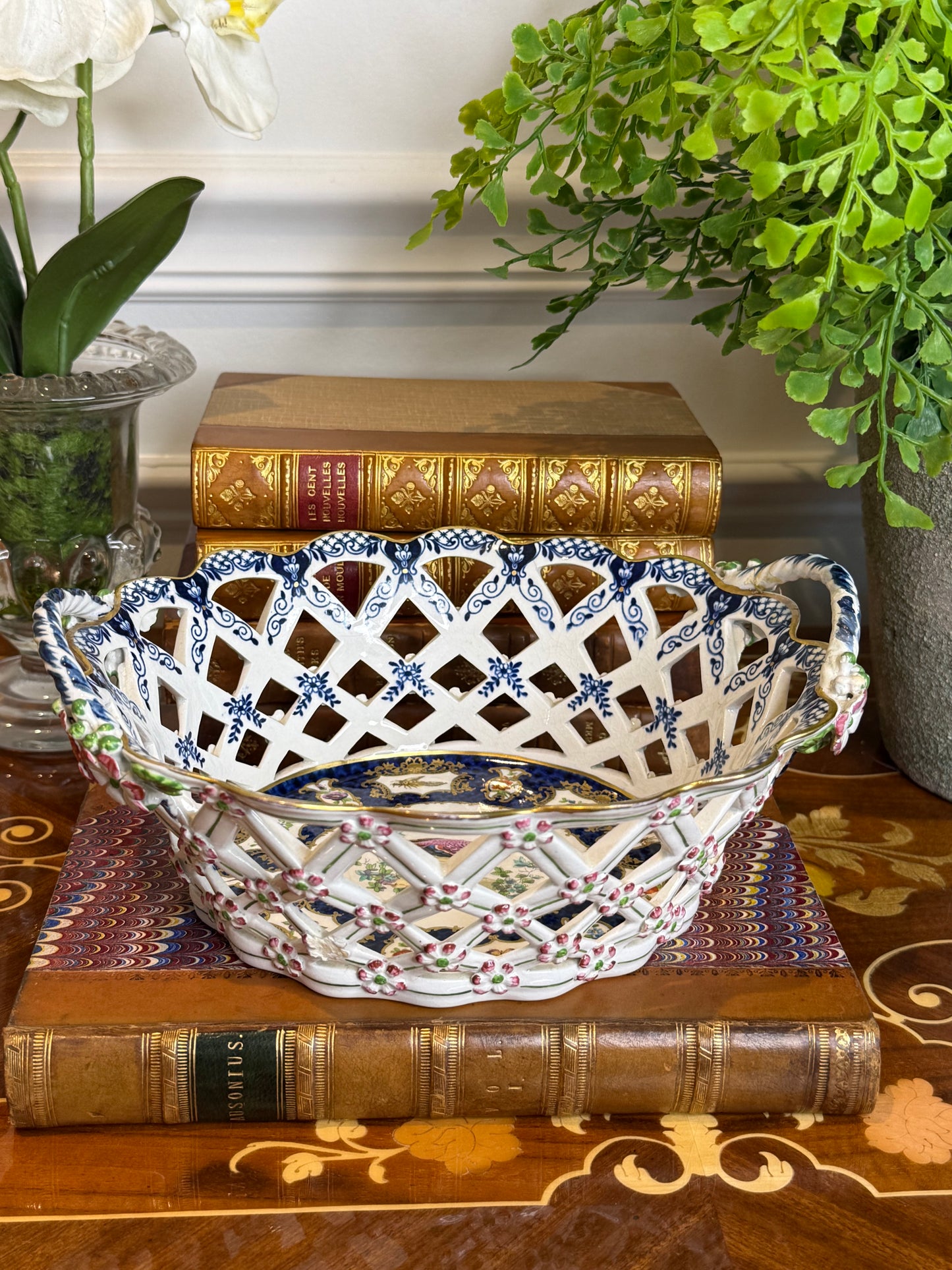 Rare Antique Booths Silicon China “Scale Blue” Exotic Birds Pierced Fruit Basket | 9” x 8”