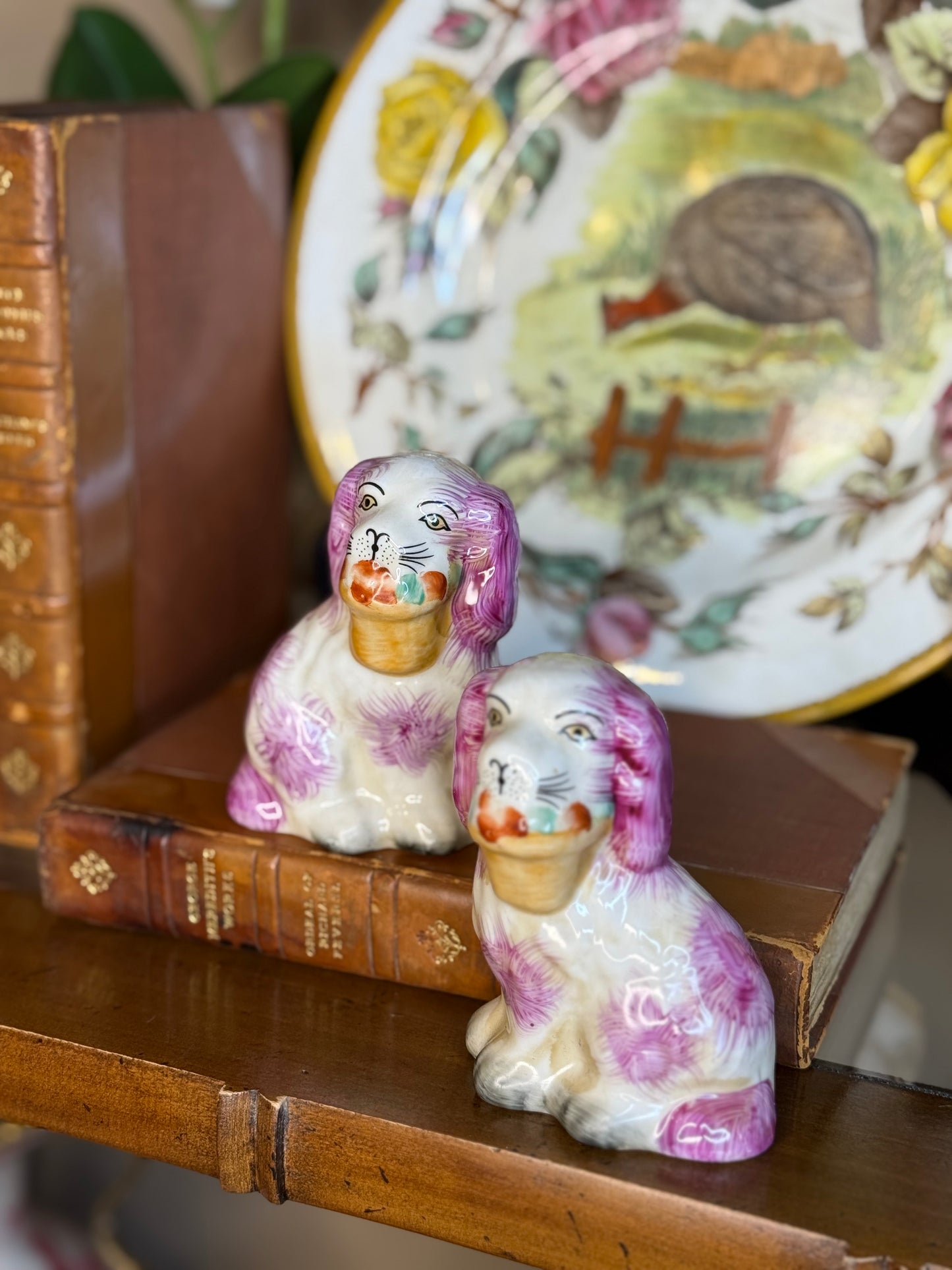 Danny’s Fine Porcelain: Mini Pink Spaniel Basket Dog Pair | 5.5Lx2Wx4H