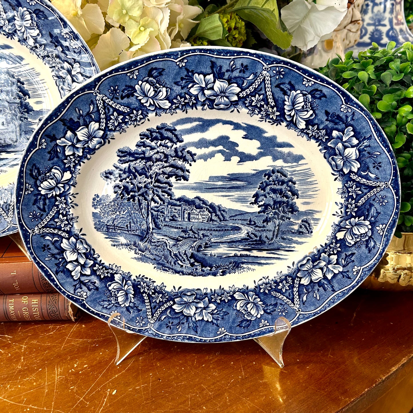 Vintage Pair (2) Staffordshire Old castle oval blue and white platters