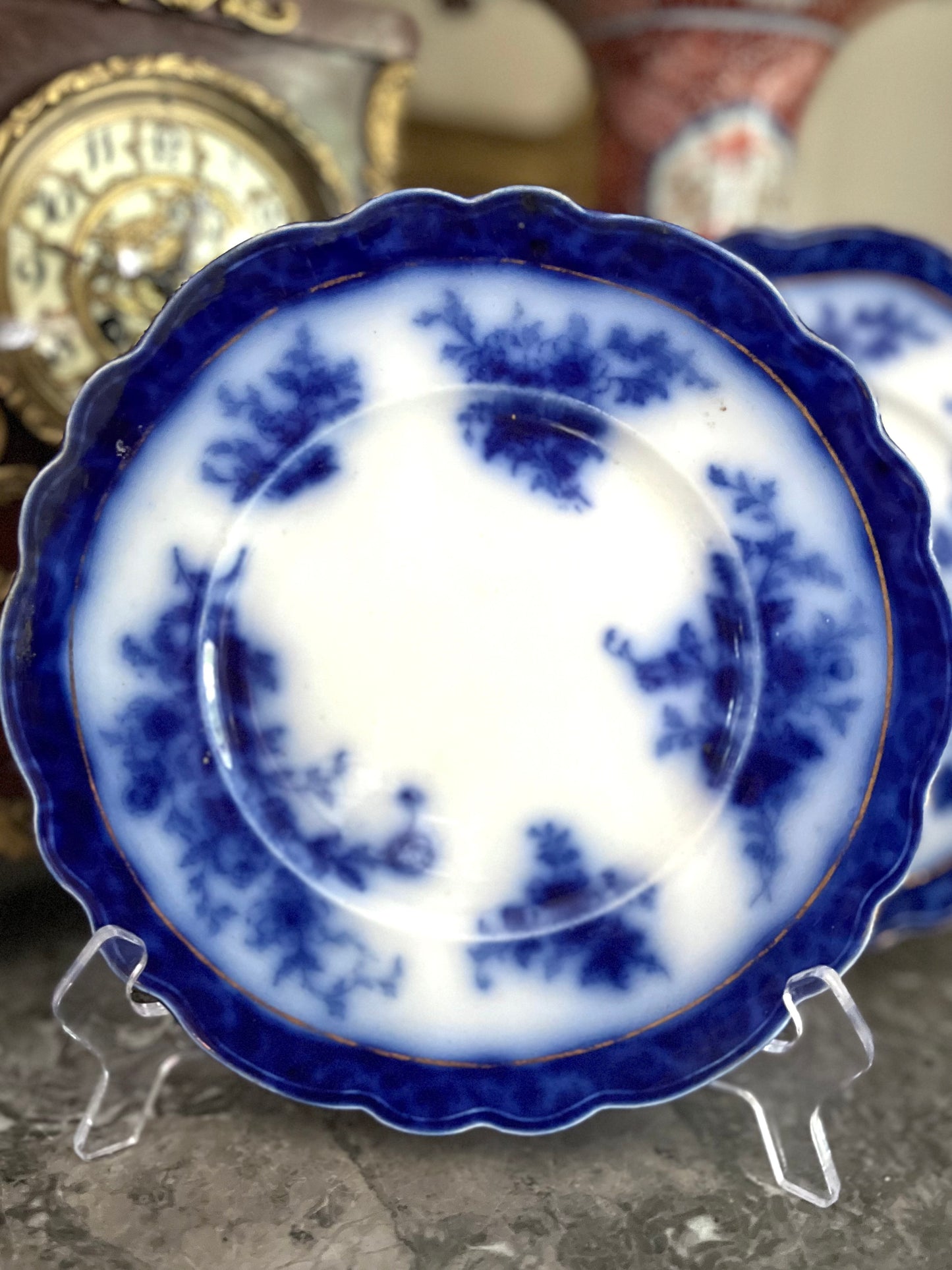 RESERVED - AMYLEA - Live 06/09 3 Piece Set Of Henry Alcock England Touraine Flow Blue 2 9” Dinner Plates/10” Vegetable Bowl