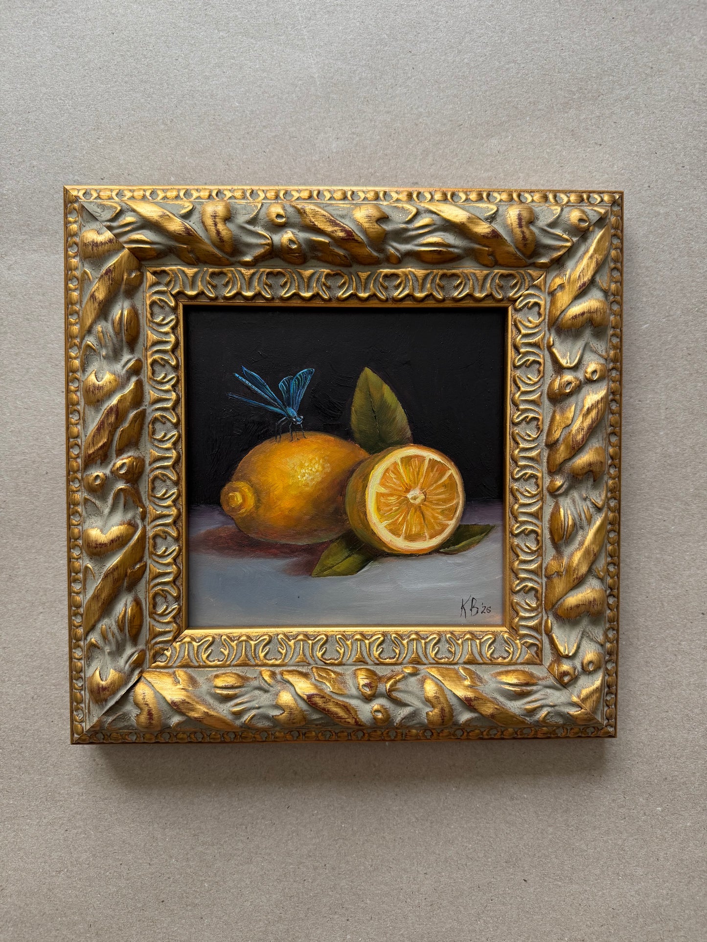 Reserved Original oil on board Lemon and dragonfly