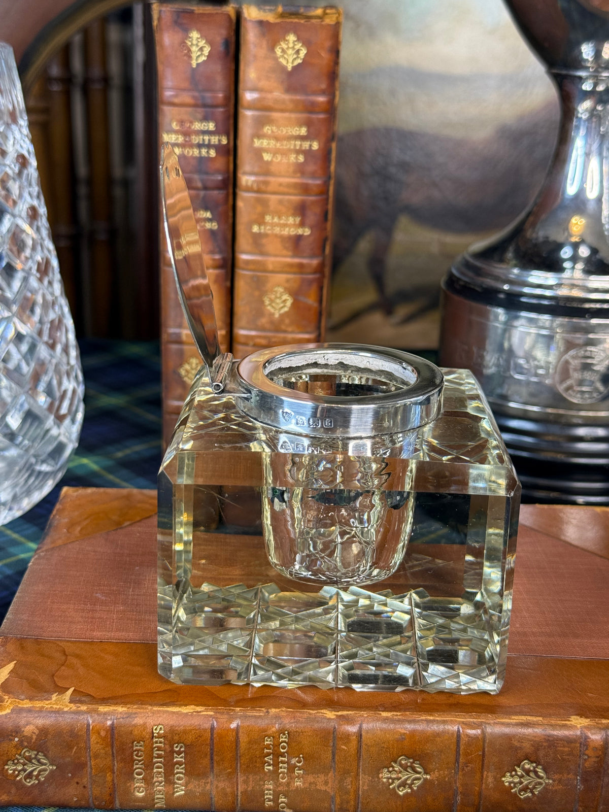 Antique Monogrammed Haseler Brothers Sterling Silver & Cut Crystal Inkwell | Birmingham 1906 | Edwardian | DA4580