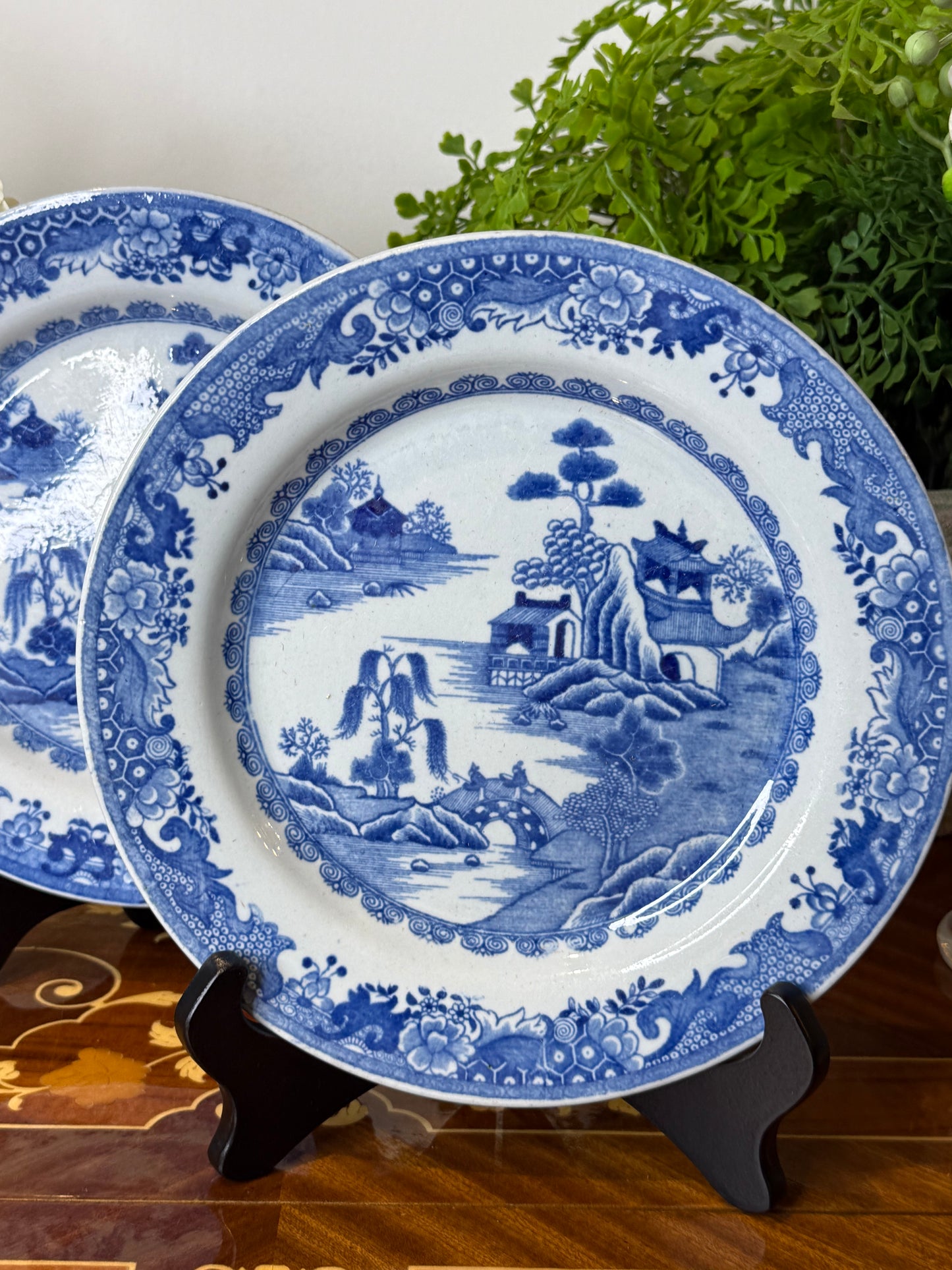 Pair Antique Early 19th Century Turner Willow Plate | Blue & White Staffordshire Transferware | 9”