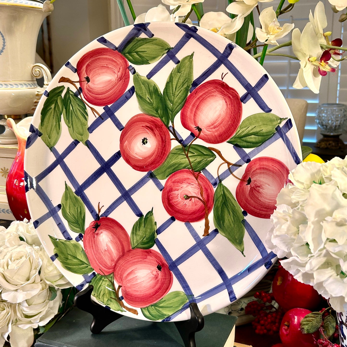 Beautiful Italian blue & white red apple serving tray platter 15 d