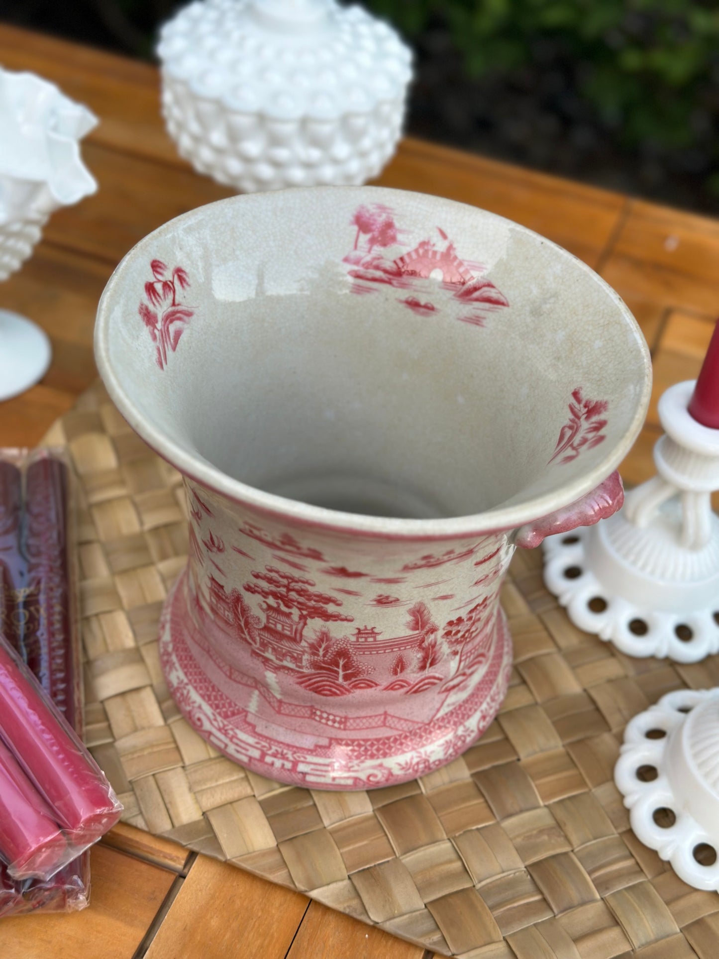 Danny's Fine Porcelain - Pink/White Pagoda Porcelain Jardinière Planter, 7" Tall, 8"D - Pristine!