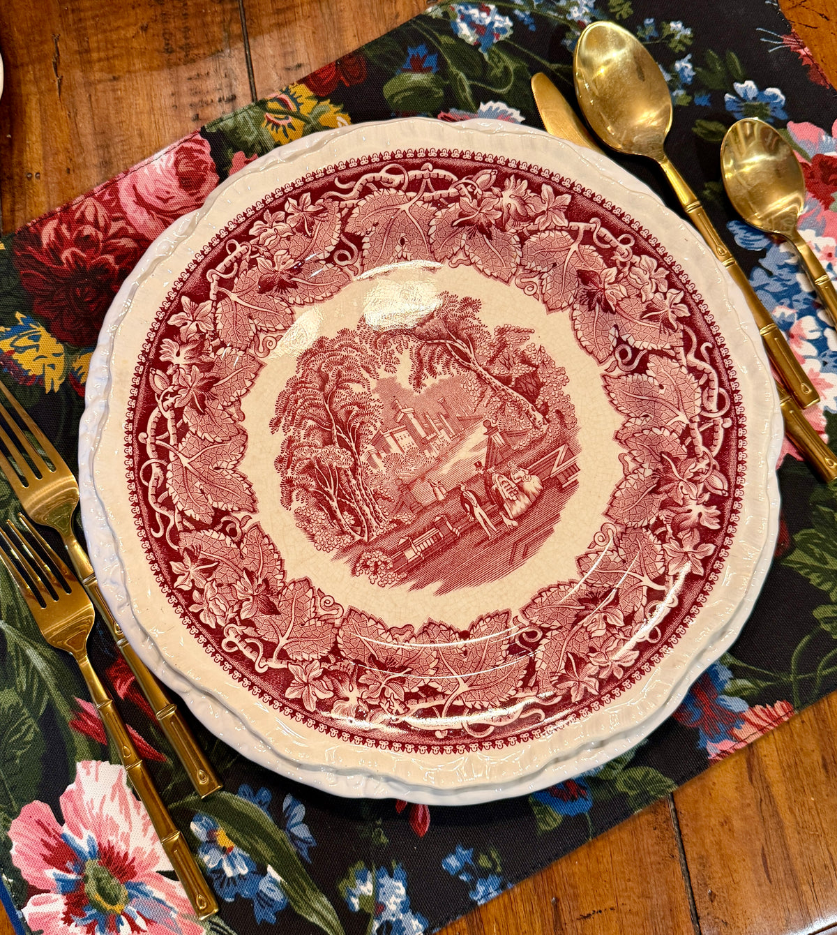 Rare Set of 8 Mason's Vista Pink Red willow dinner plates 10d