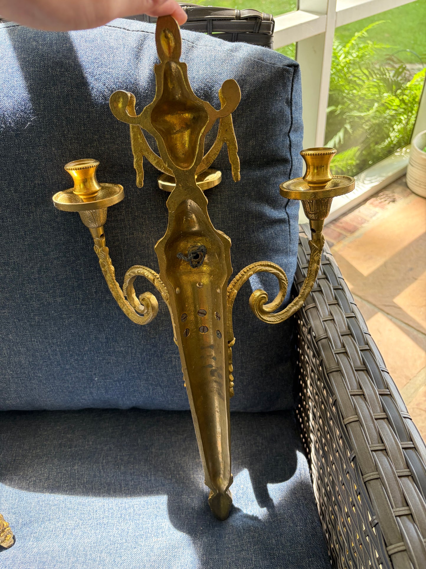 Stunning Louis XVI style ornate brass sconces pair with 3 arms!