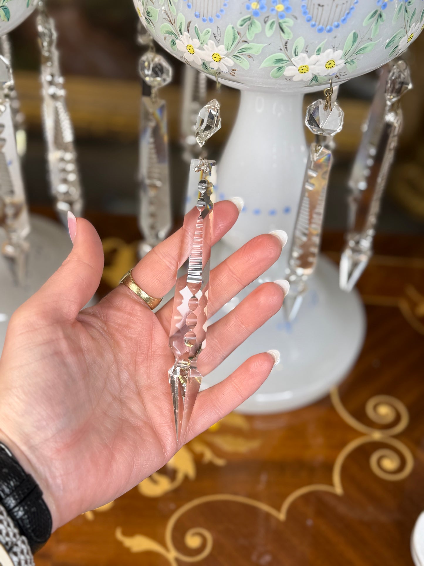 Pair of Antique Bristol Glass Lustres with Hand-Painted Florals & Crystal Prisms | 13.5” Tall #B001