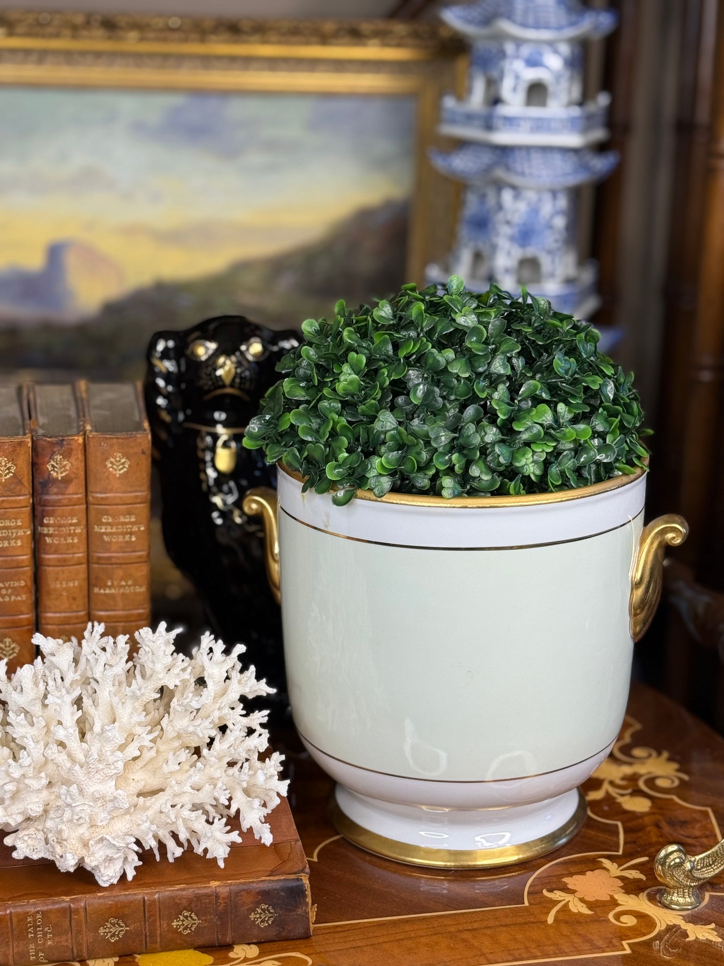 Pair of Green & Gold Porcelain Cachepots – 7” | Classic French-Style Planters