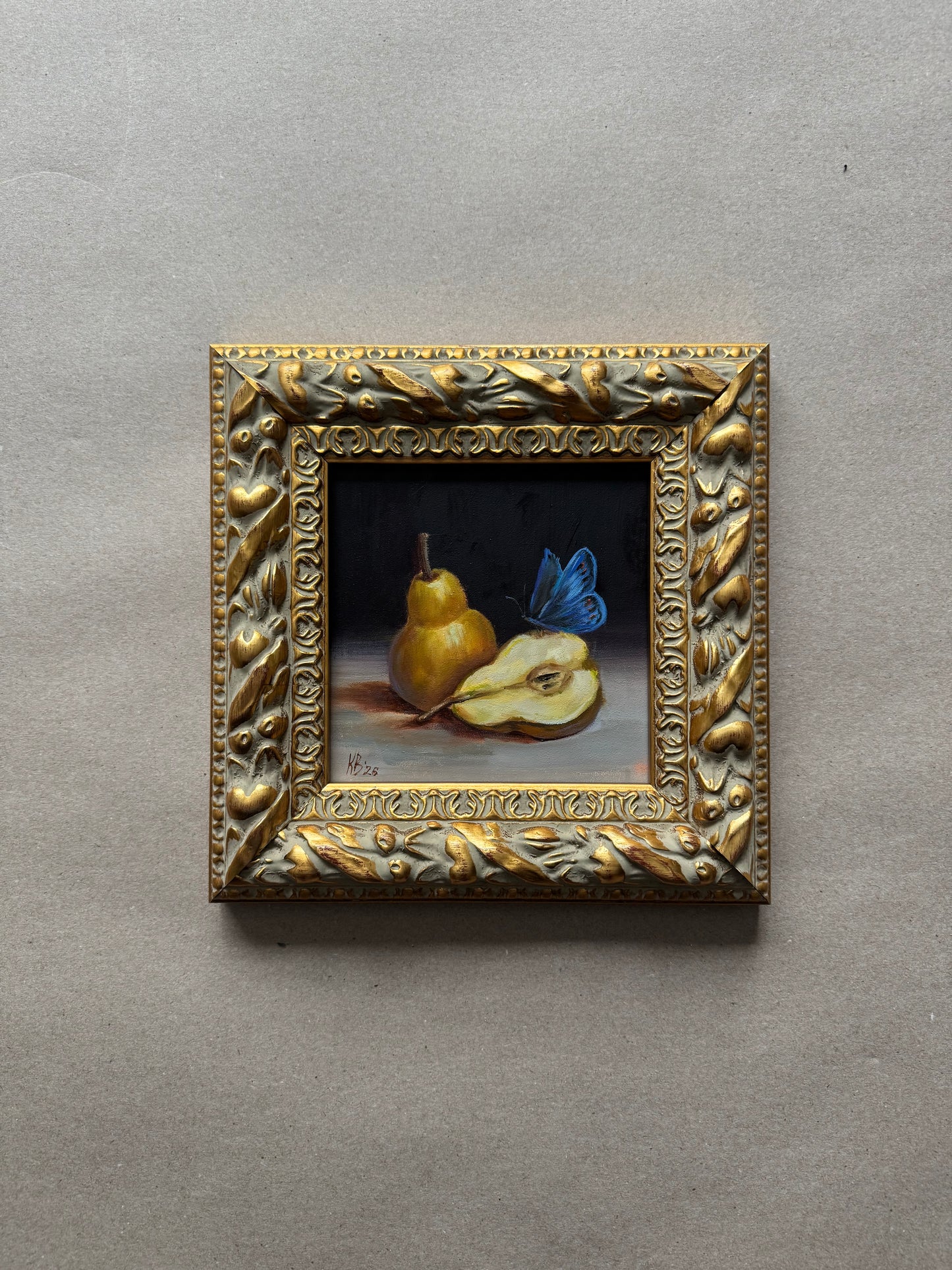 Reserved Pear and butterfly original oil painting 9.5x9.5”