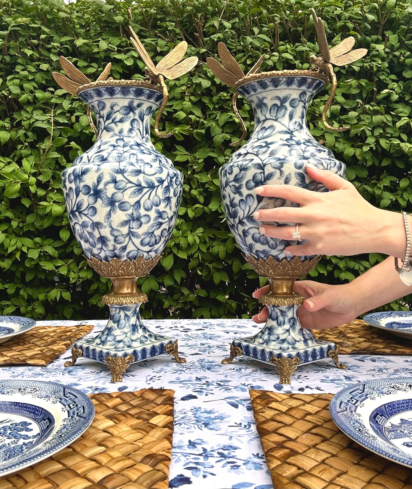 Danny's Fine Porcelain - 20" Tall Blue & White Porcelain Bronze Pedestal Urn W/ Dragonfly handles (single price)