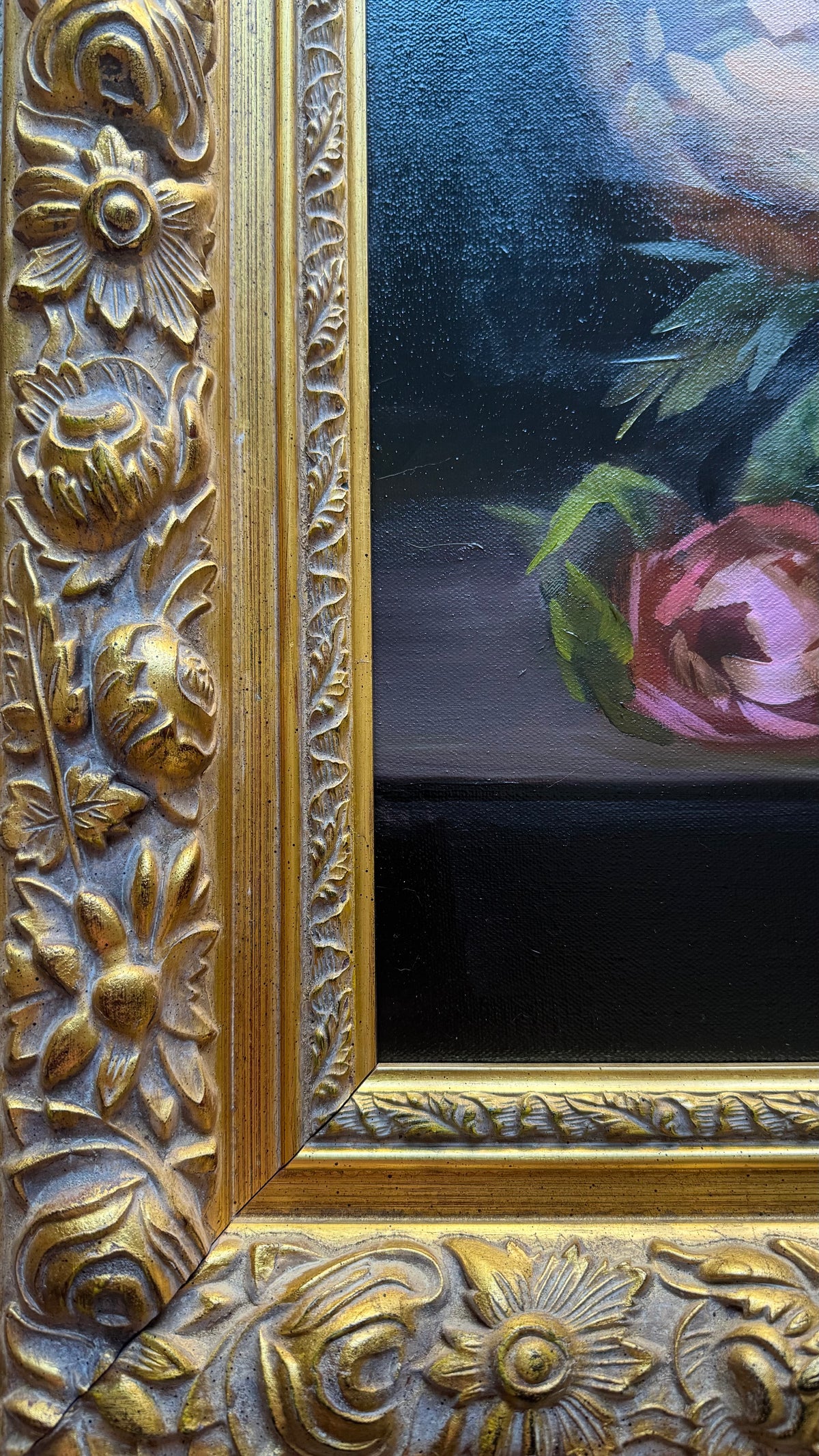 Large Peony Oil Painting in Ornate Gold Frame 44 x 36