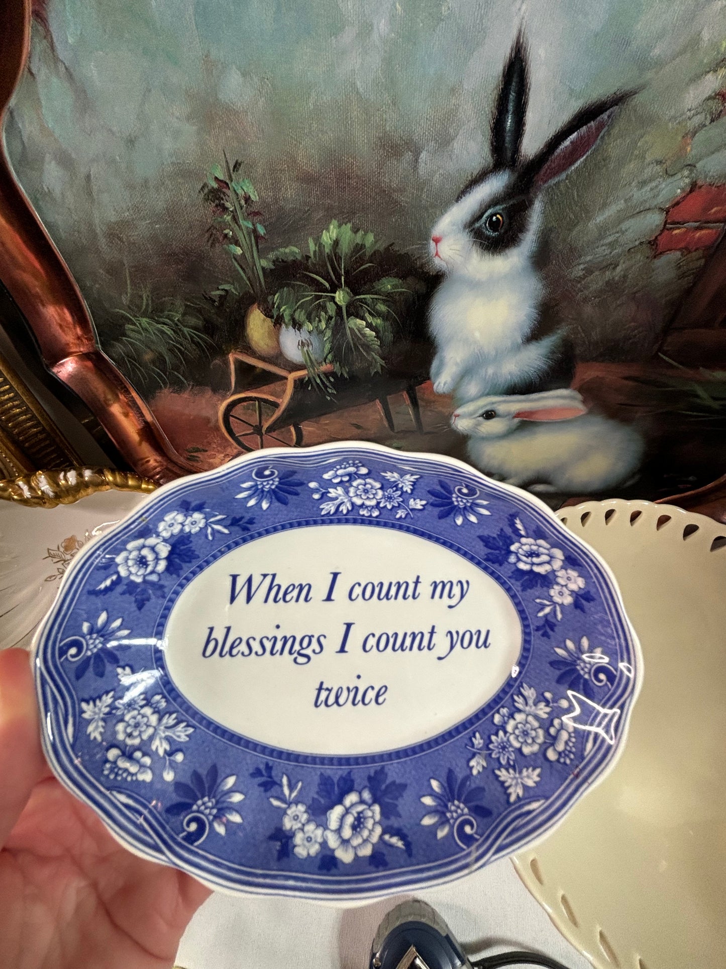 Sweetest Spode Blessings blue and white oval trinket dish!