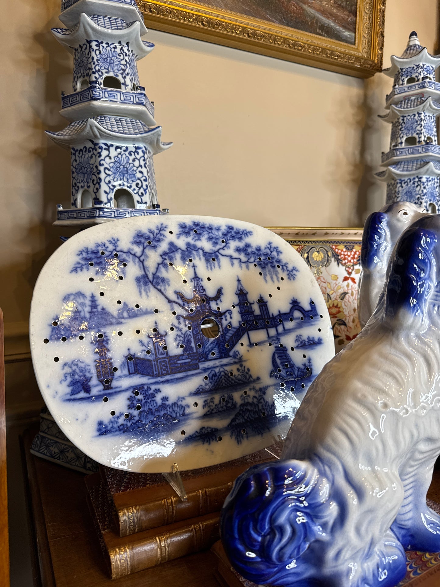 RESERVED- LIVE 6/2 - Ridgway drainer with flow blue pagoda pattern, c.1830, Style #DA4359