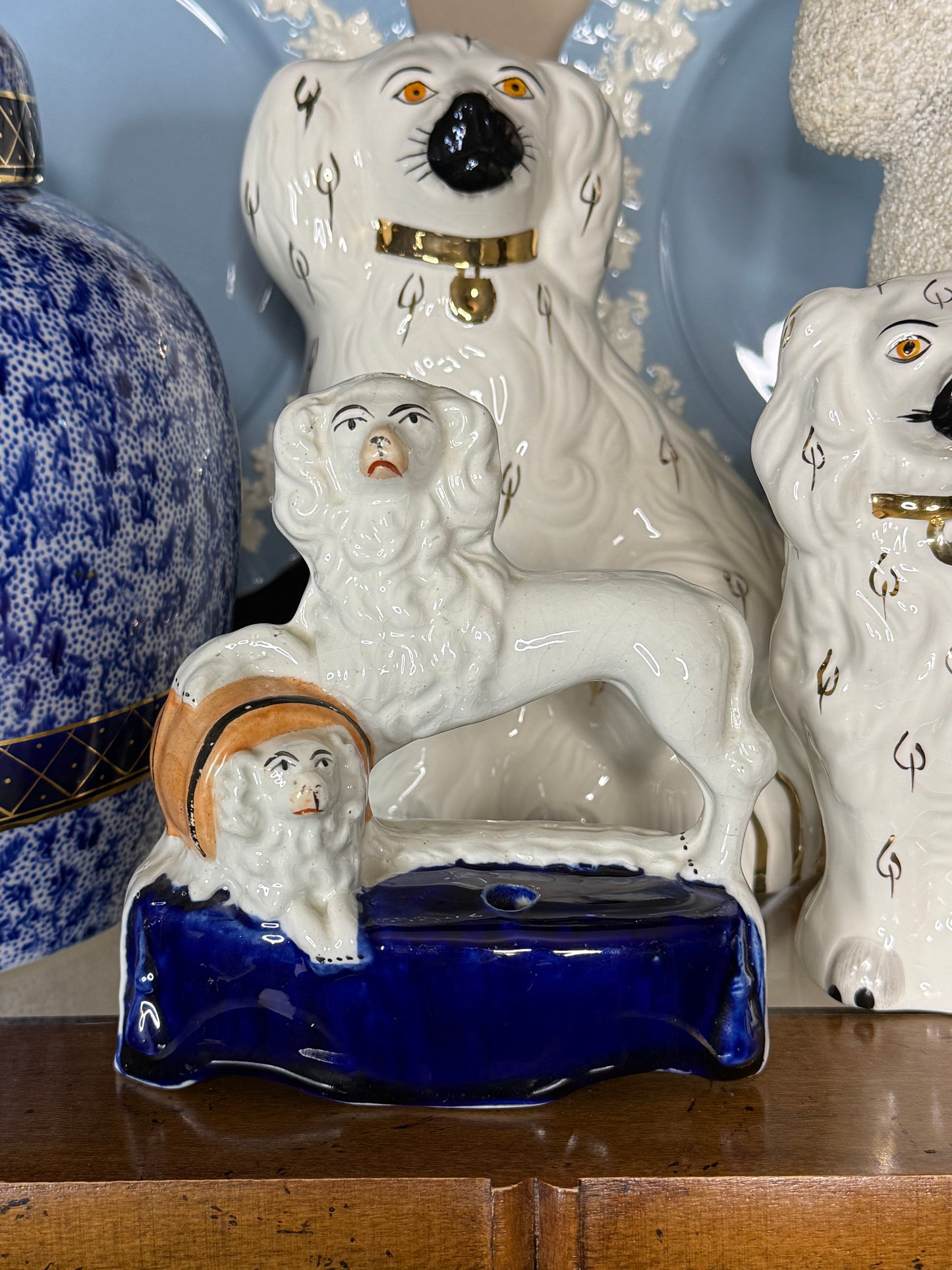 Antique Pair, 19th Century Staffordshire Spaniel Dogs with Puppy in Barrel #DA4422