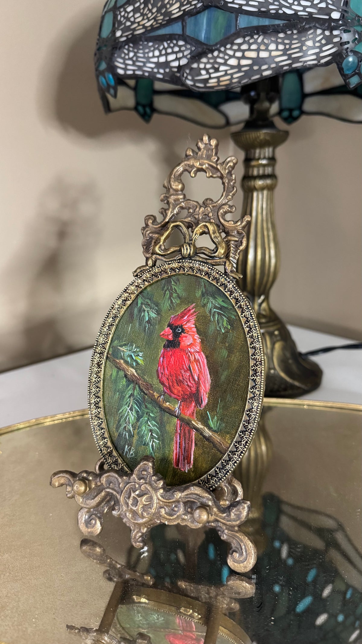 Cardinal bird original oil painting in brass vintage bow frame