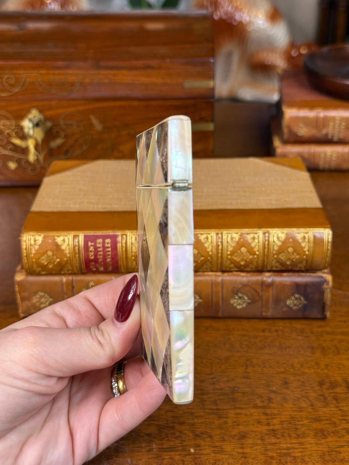 Antique Victorian Mother of Pearl & Abalone Calling Card Case with Sterling Silver Cartouche, c. 1880 – 3.25”