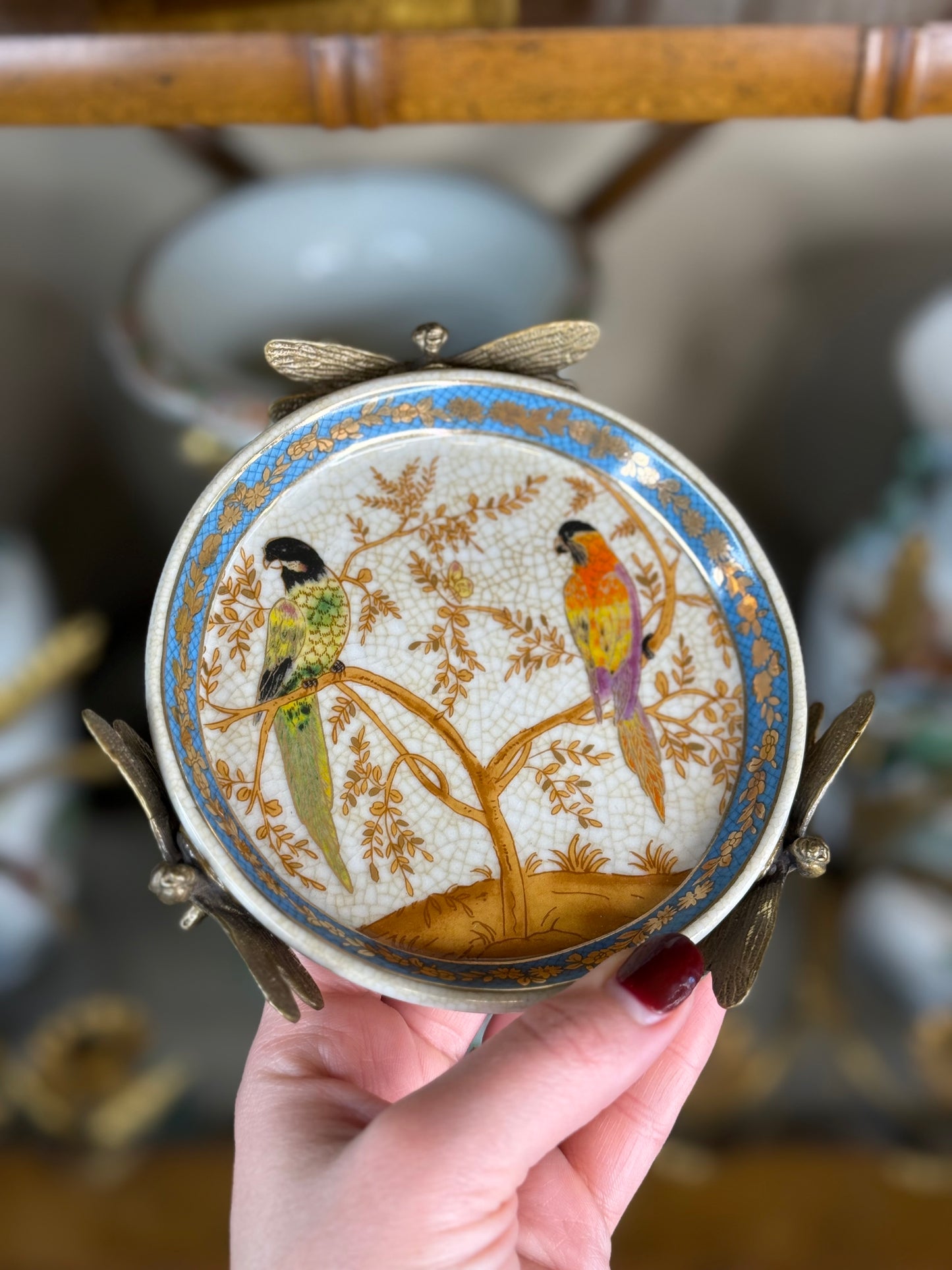 Danny’s Fine Porcelain - Dish with Dragonfly Handles – Hand-Painted Parrots & Gilded Accents