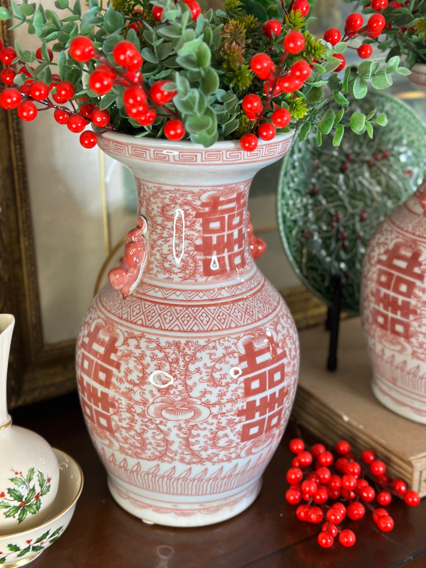 Hand painted Red/White Chinoiserie Double Happiness Vase & Ginger Jar (Sold Separate)