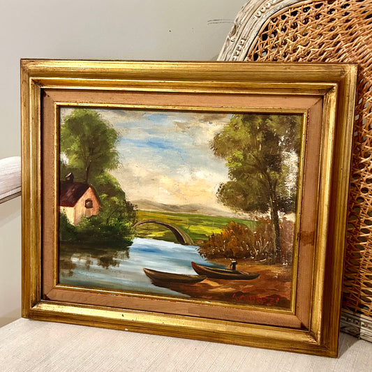 Delightful open air landscape & water original oil painting .