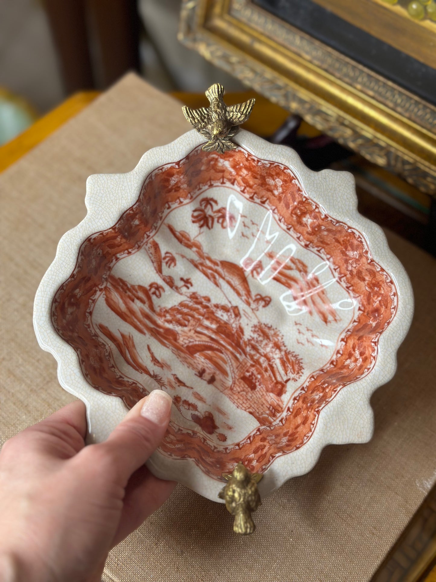 Danny's Fine Porcelain - Bronze Rust Porcelain Footed Square Dish, Bird Embellished