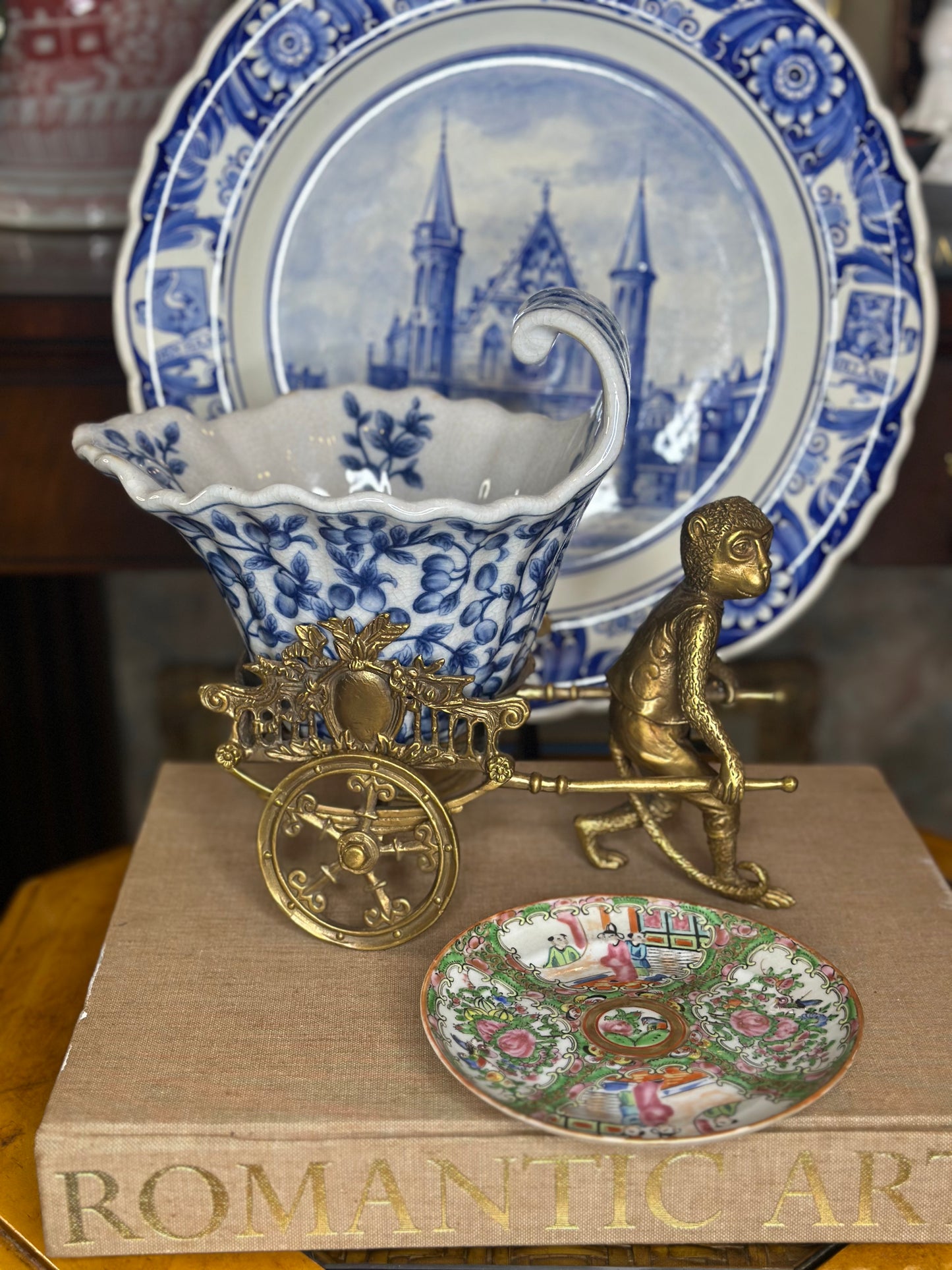 Danny's Fine Porcelain - Large Bronze Monkey, Blue & White Cart Centerpiece, 11L X 7W X 10H
