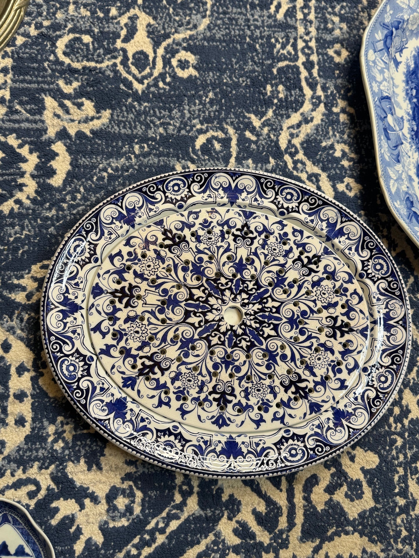 RESERVED - DA4393 - Wedgwood blue and white renaissance style pattern platter with matching drainer, c.1900