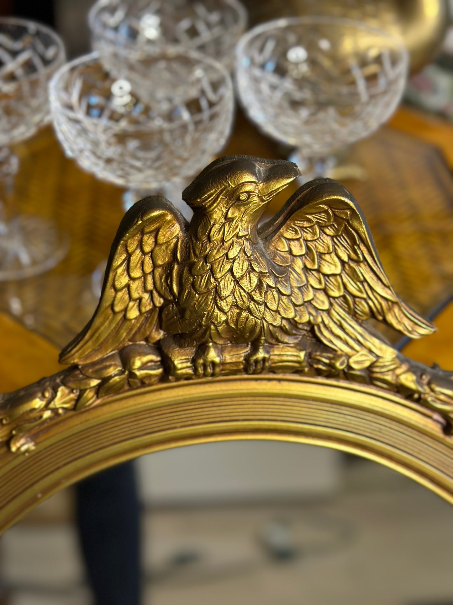 Vintage Ornate Wood Oval Eagle Mirror! 32” long, 22” wide.