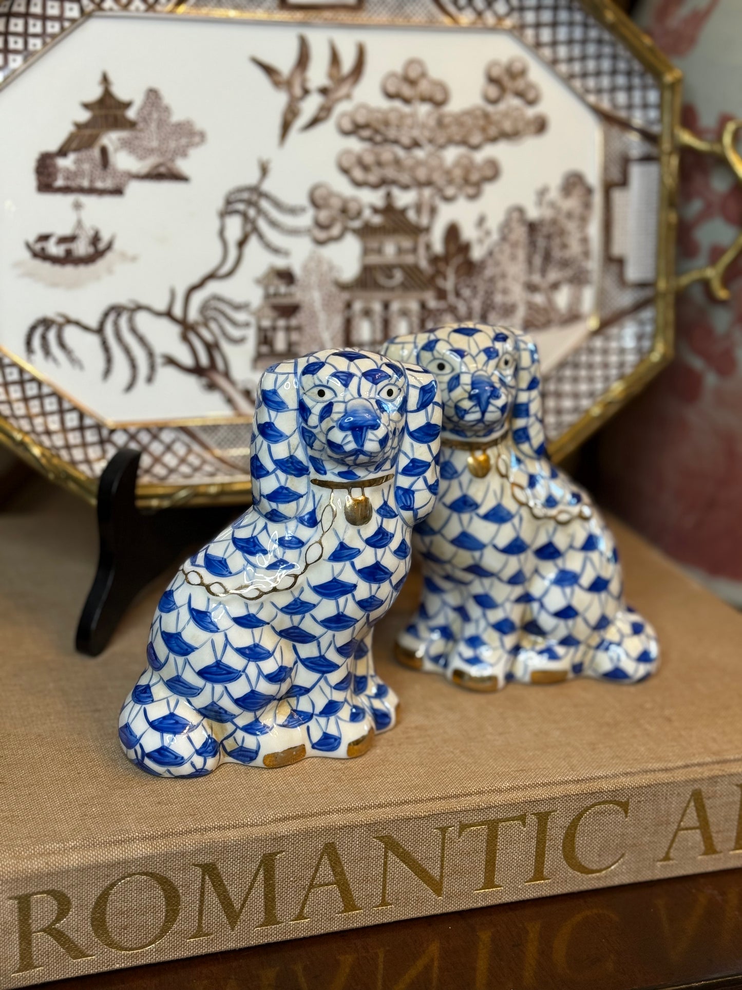 Danny’s Fine Porcelain Blue & White Spaniel Dog Figure Pair W/ Gold Accent (2 sizes to choose).