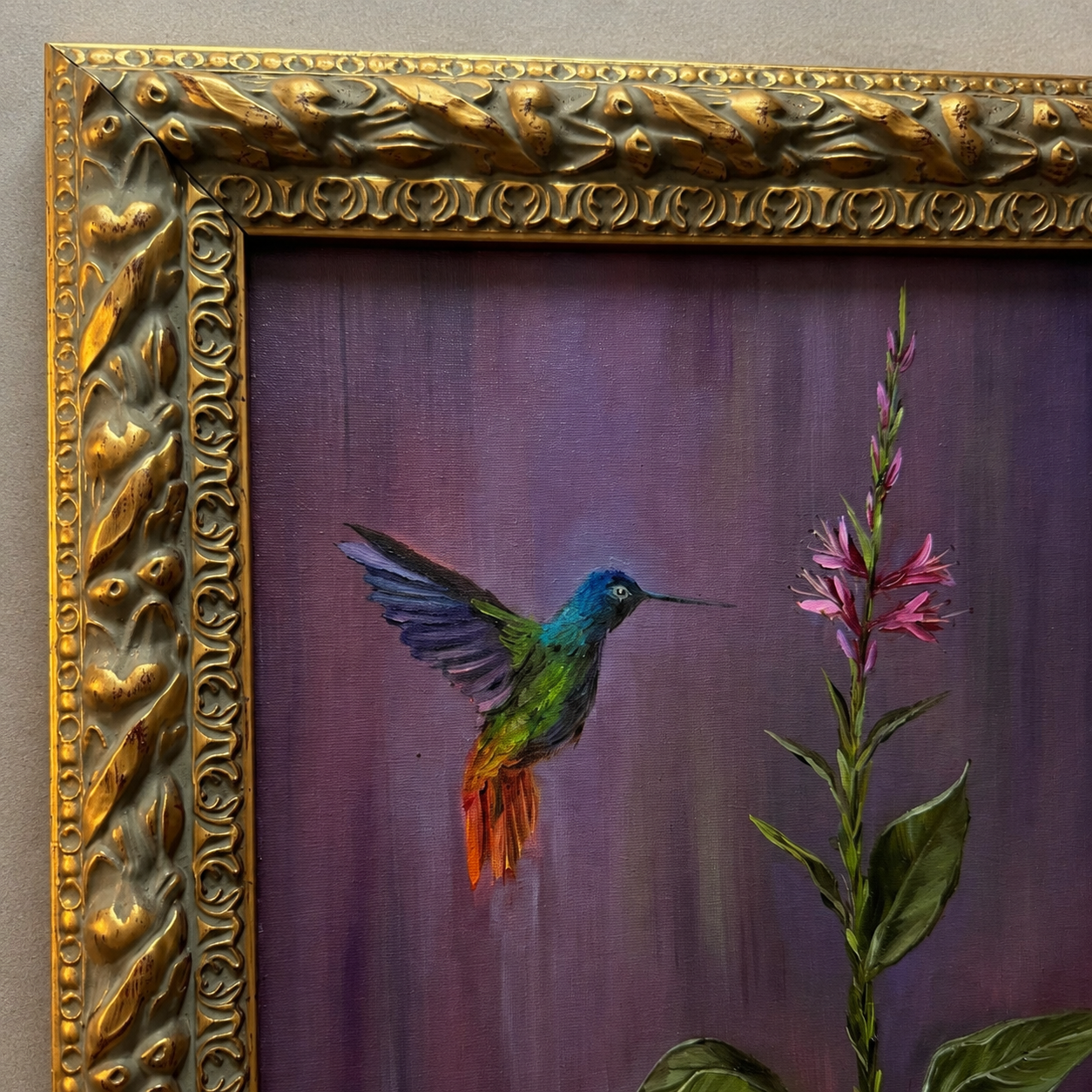 Hummingbird and pink flower original oil painting framed in wooden gold frame 15x18”