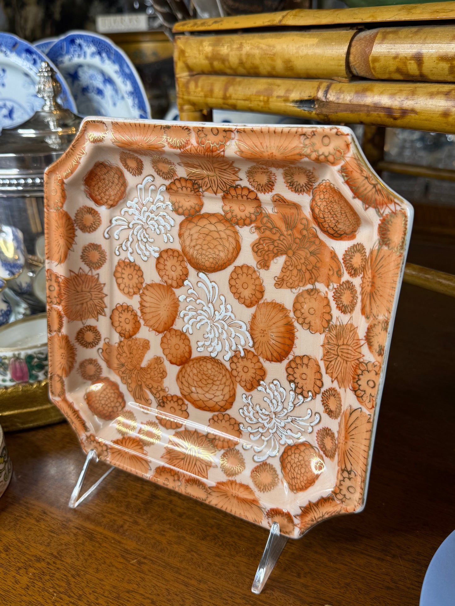 Vintage Orange & Gold Floral Square Serving Dish | Chrysanthemum Botanical Pattern | 8” × 8”