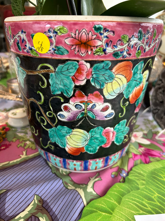 LIVE: Large Chinoiserie Pottery Planter with 8”T 8”W Pink and Black with Butterflies and Melon Vines