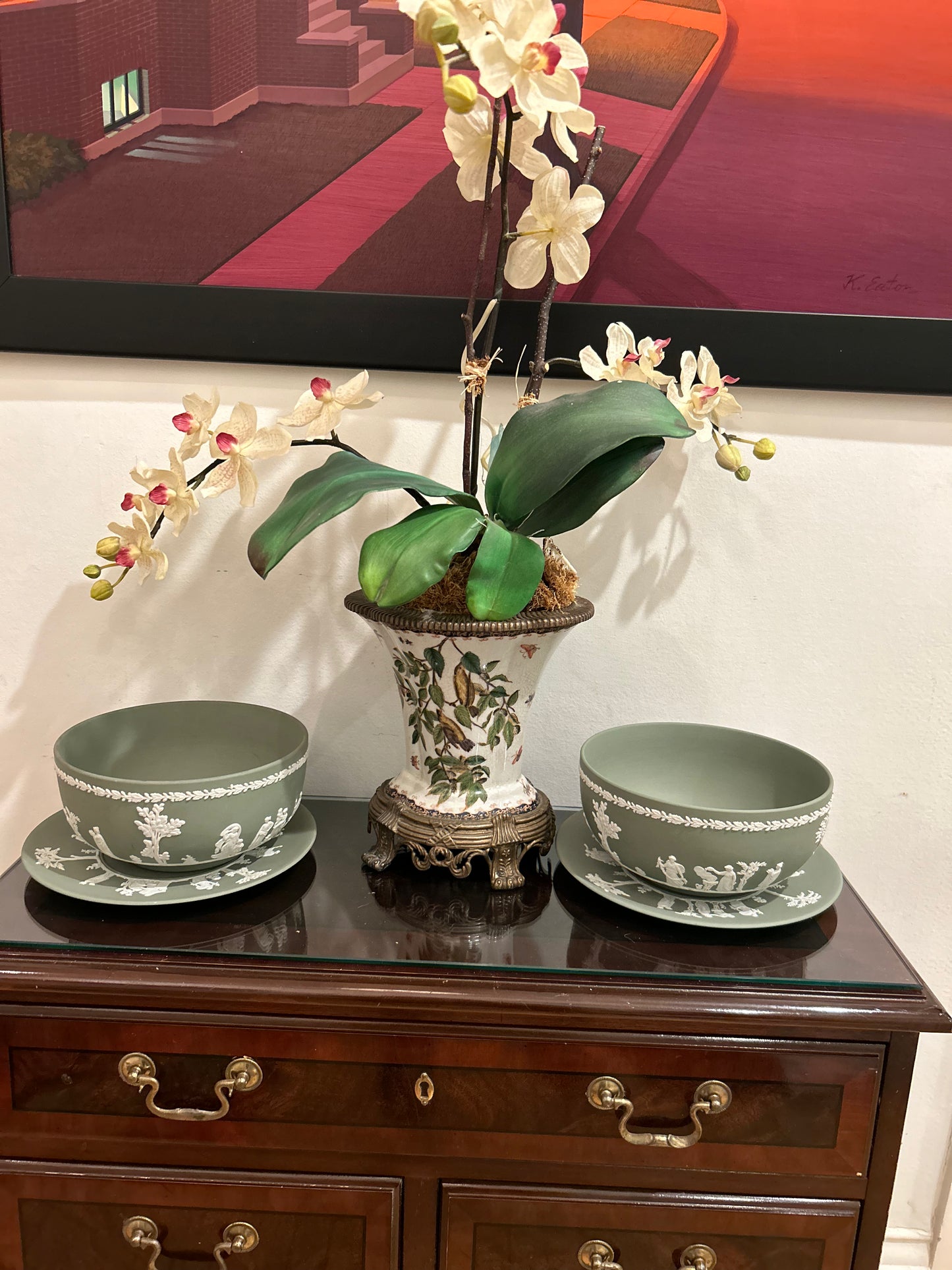 Vintage Wedgwood Sage Green Jasperware Large Bowls with Undertrays Each Bowl and Tray are Priced as a Two piece set!