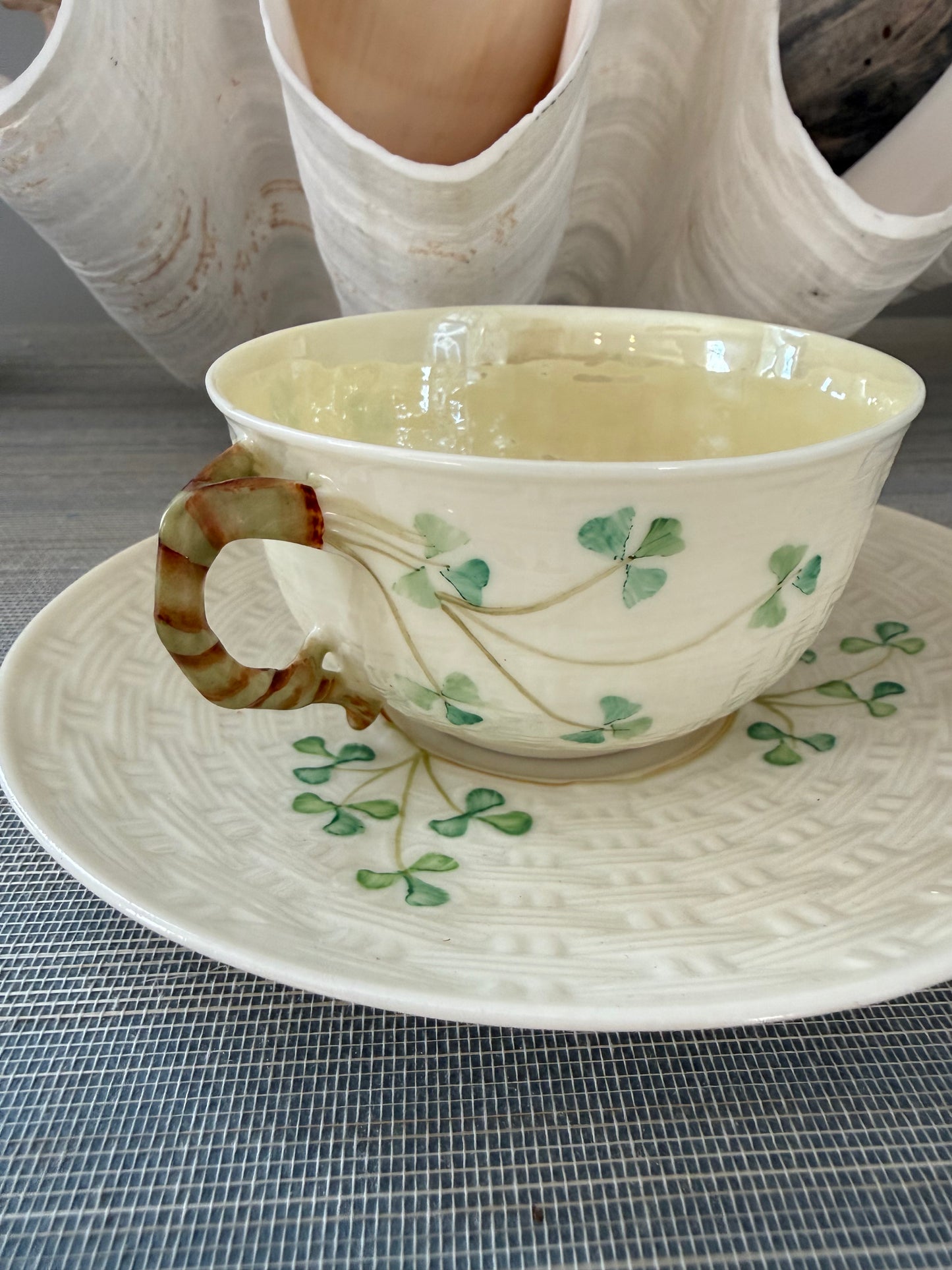 Vintage Irish Belleek Shamrock Cup & Saucer – Hand Painted