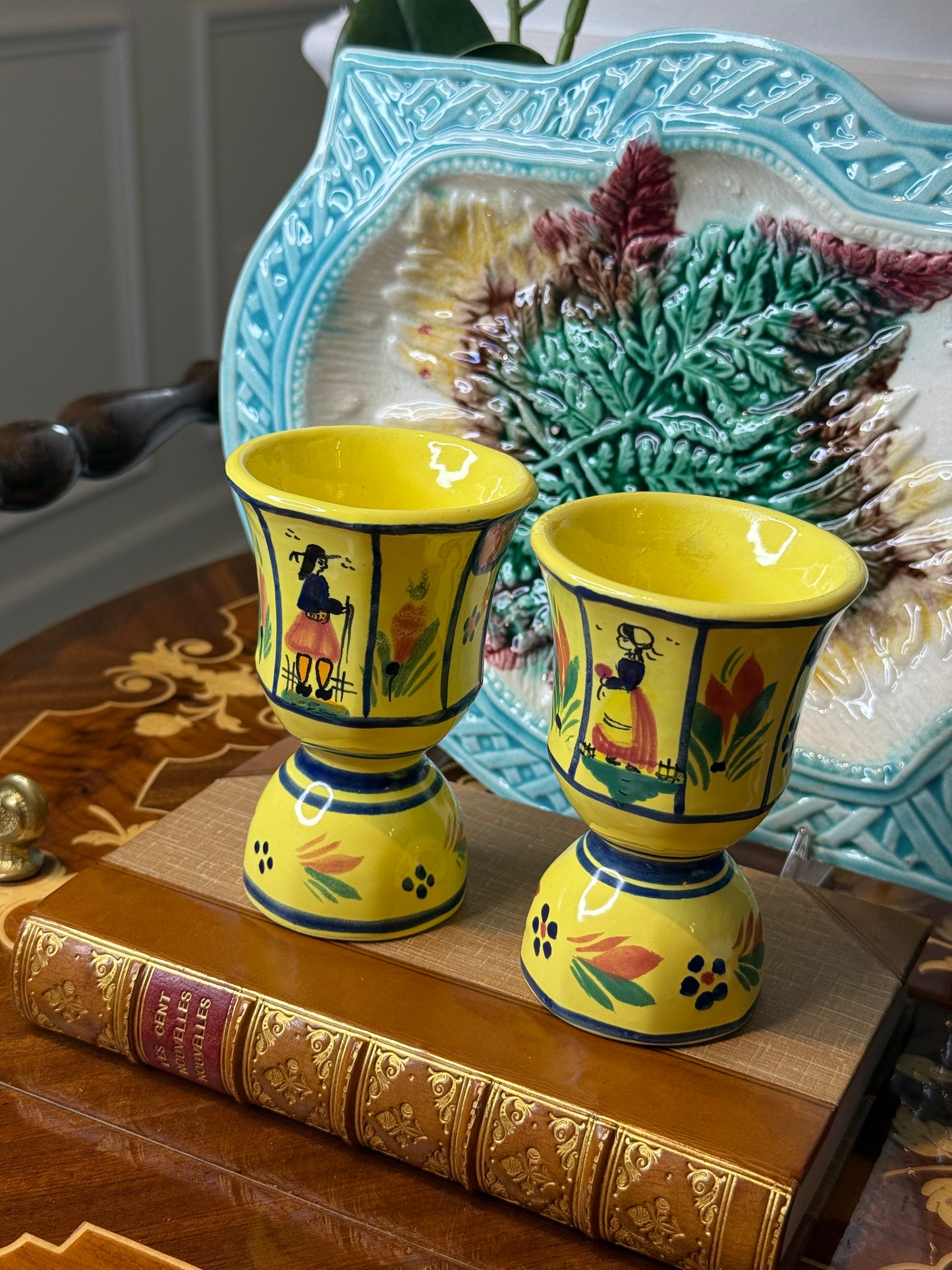 Vintage Pair of Quimper France Double Egg Cups | Hand-Painted Breton Figures | 4” Tall |