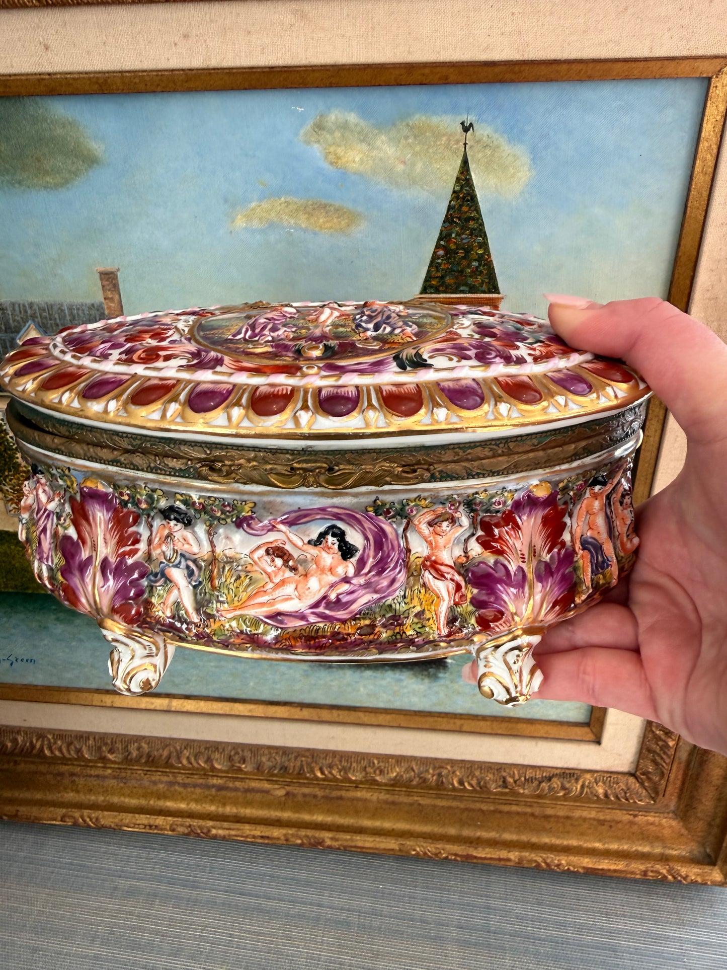 Live 2/10 Reserved T - Vintage Italian Capodimonte Style Porcelain Gilt Jewelry Casket with Putti/Cherubs