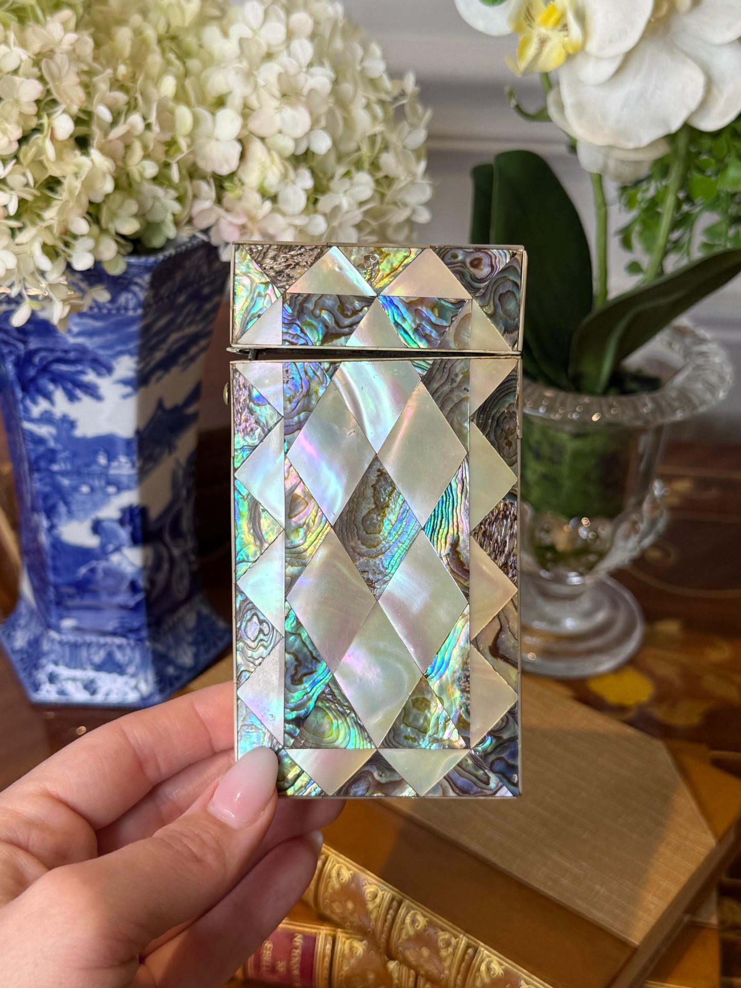 Antique Mother of Pearl & Abalone Cigar Case with Silver Cartouche | 19th Century | 5” L × 3” W × 3/4” H
