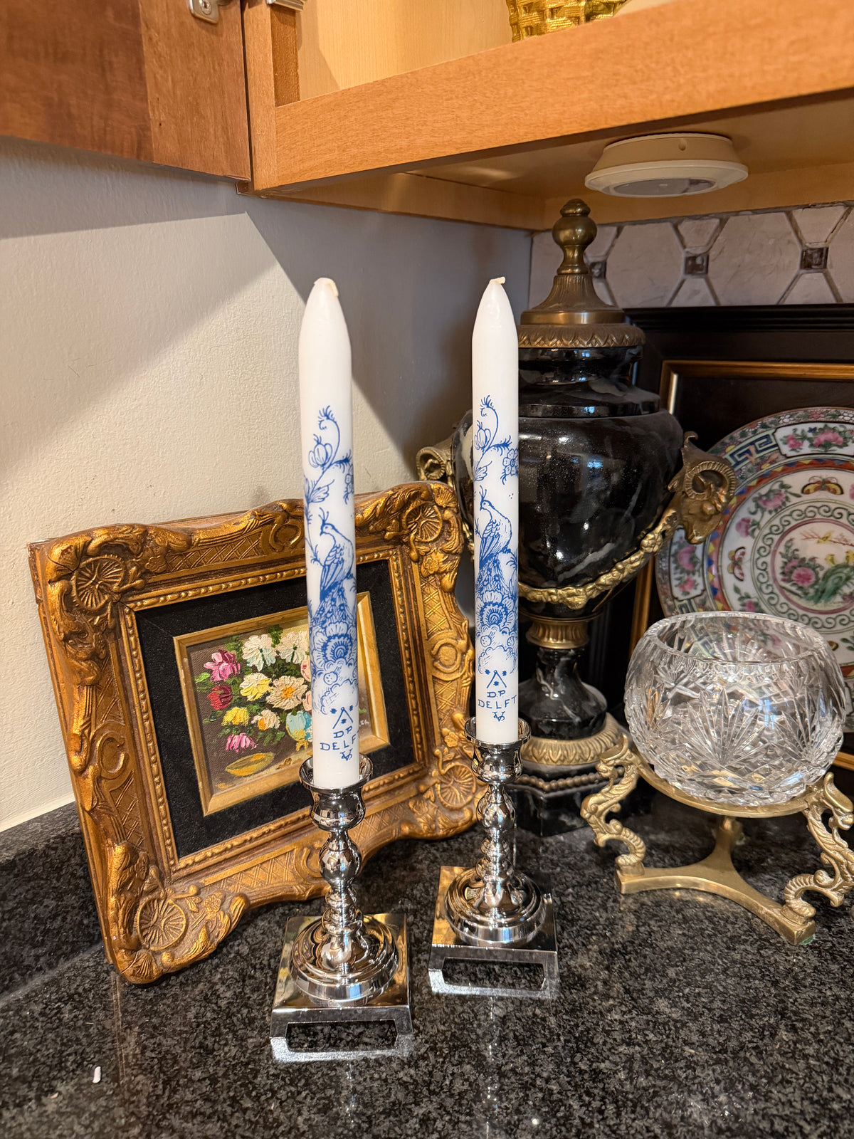 Pair of shiny silver shade 5 in vintage candlestick holders