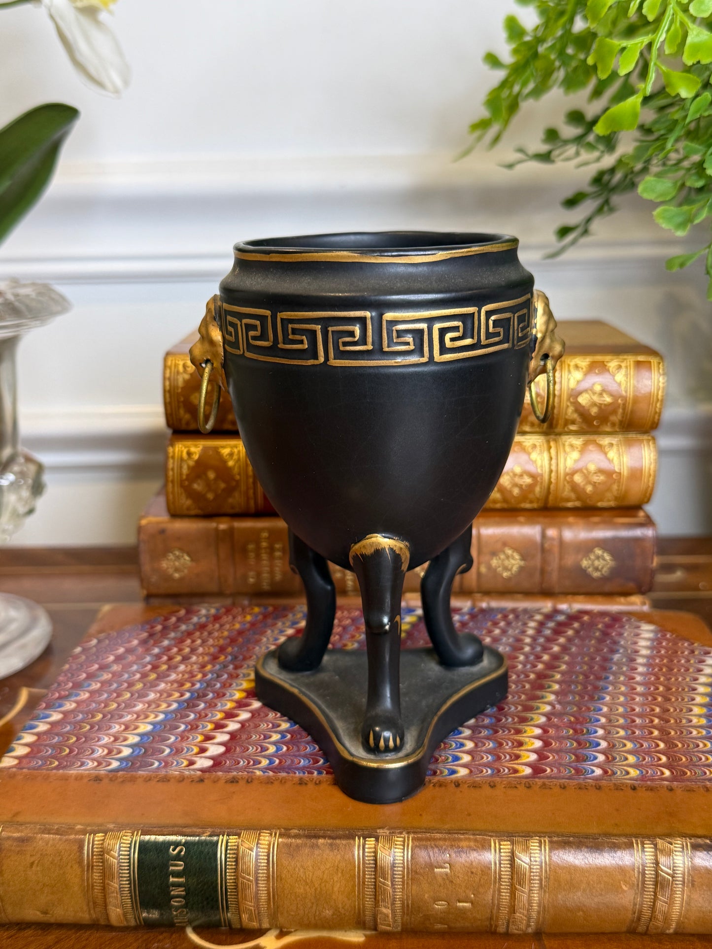 RESERVED - KKRONDEAU - Vintage Ardalt Artware Black & Gold Lion Handle Urn Vase | Japan | 5.5”