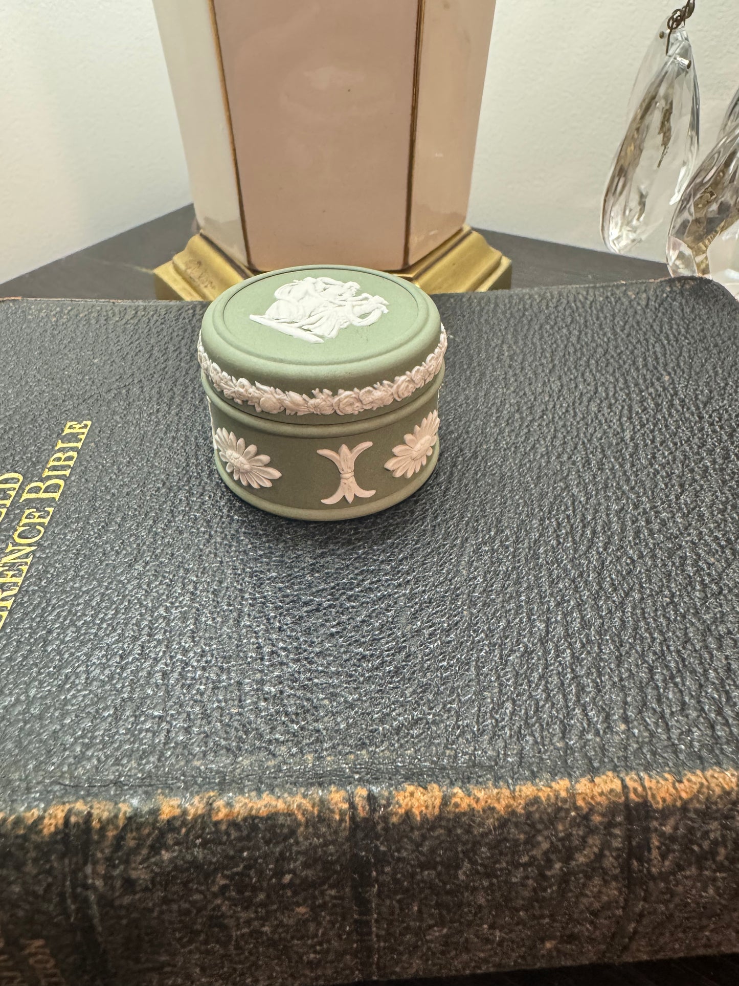 Sage green Wedgwood small trinket box 1” tall