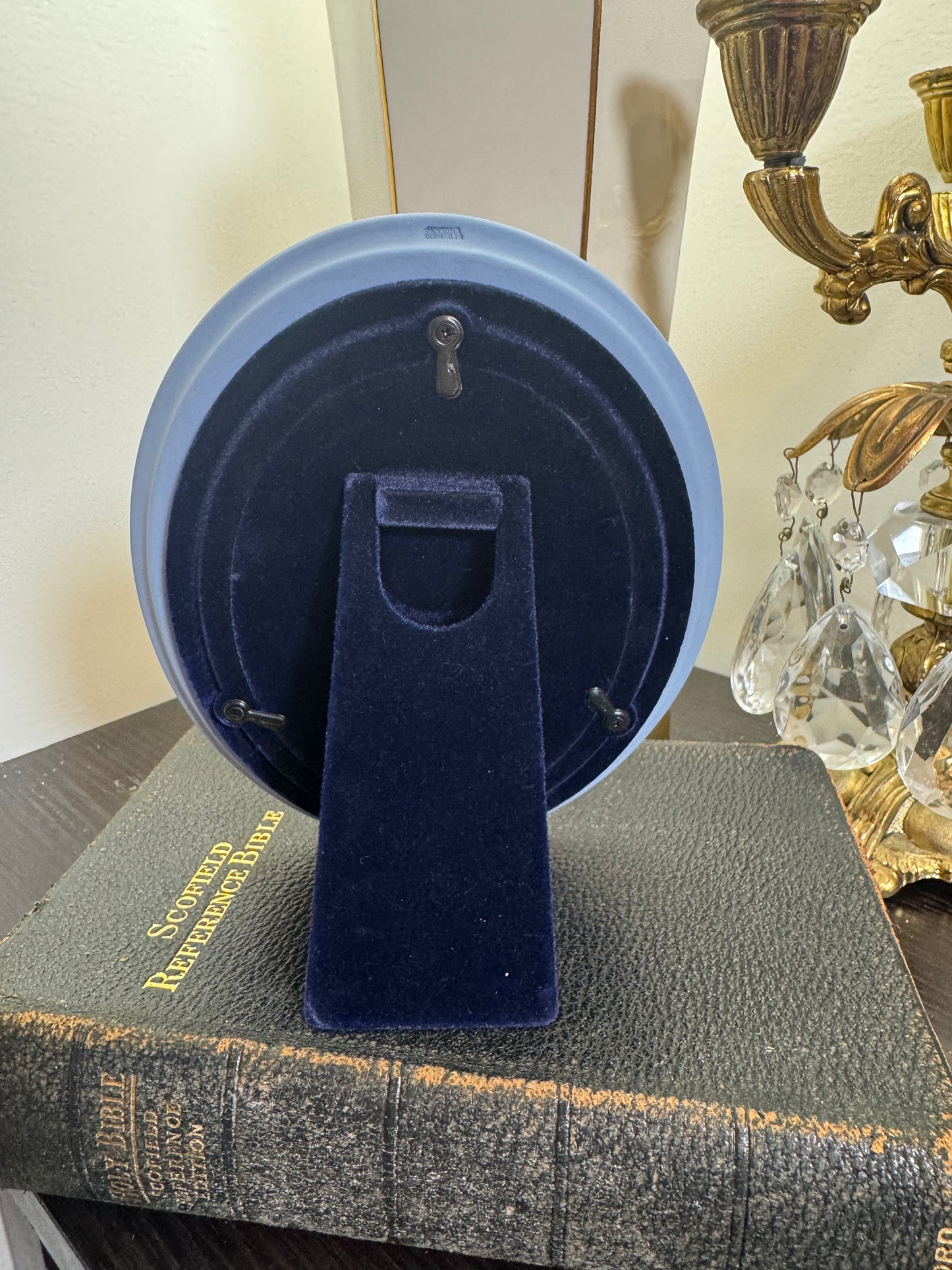 Wedgwood lavender frame with female portrait 6.5” tall